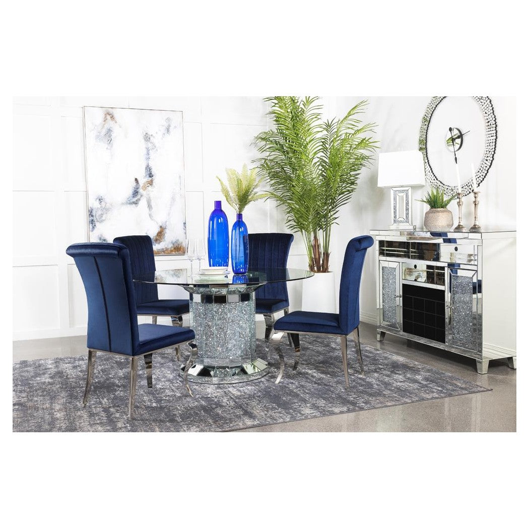 Ellie 5-piece Cylinder Pedestal Dining Room Set Mirror and Ink Blue 115551-S5B