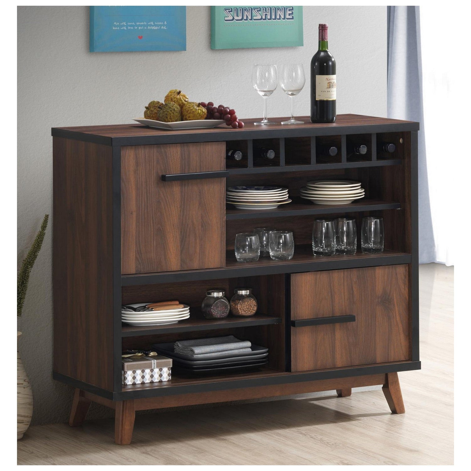 Ezekiel Wine Cabinet with 2 Sliding Doors Walnut and Black 182873