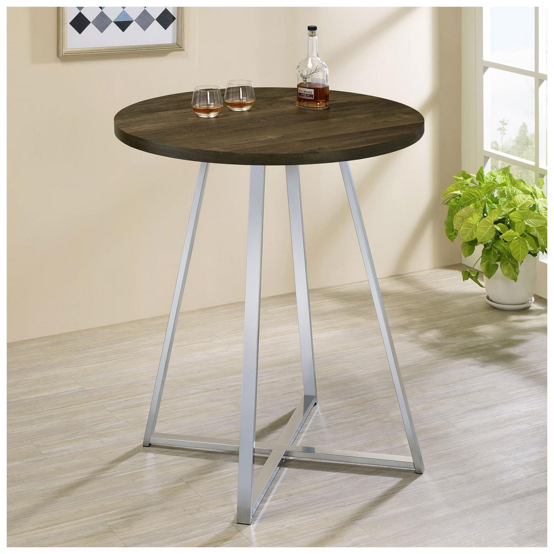 Burkhart Sled Base Round Bar Table Brown Oak and Chrome 183516