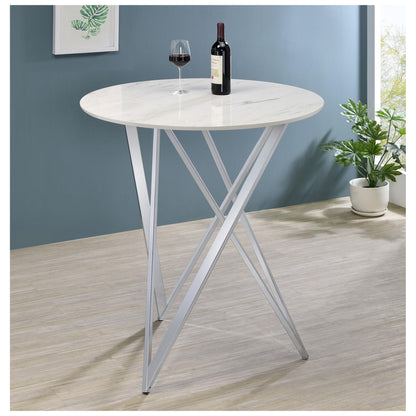 Bexter Faux Marble Round Top Bar Table White and Chrome 183526