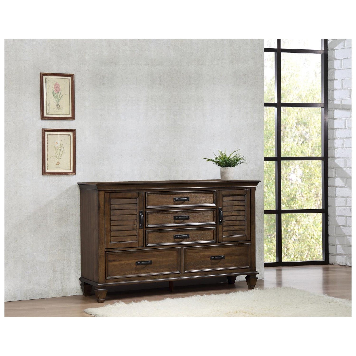 Franco 5-drawer Dresser with 2 Louvered Doors Burnished Oak 200973