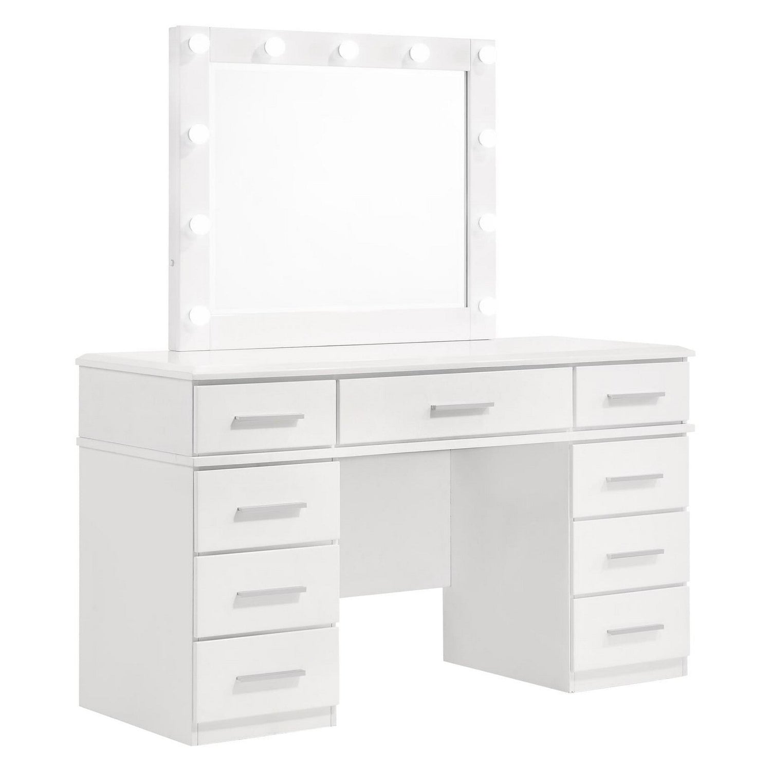 Felicity 9-drawer Vanity Desk with Lighted Mirror Glossy White 203507