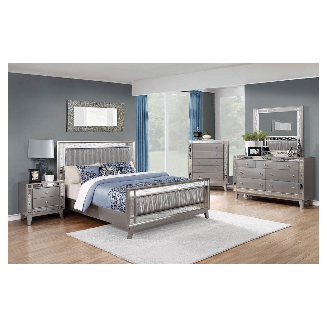 Leighton Eastern King Panel Bed with Mirrored Accents  Mercury Metallic 204921KE