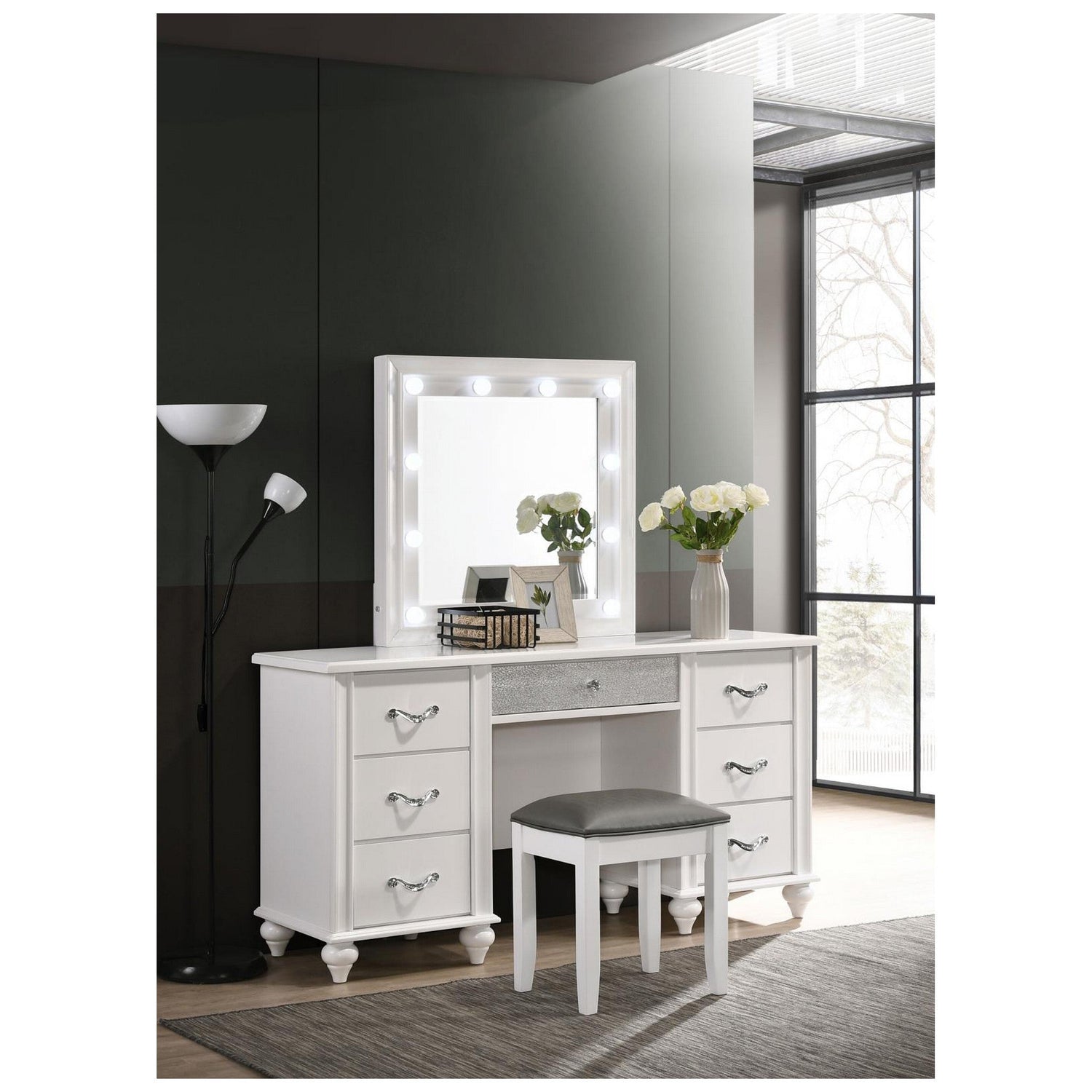Barzini 7-drawer Vanity Desk with Lighted Mirror White 205897