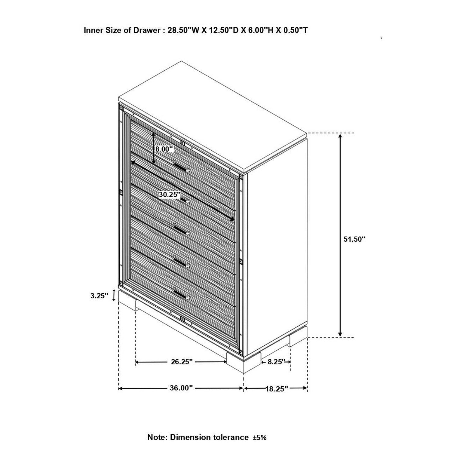 Eleanor Rectangular 5-drawer Chest Silver and Black 223365