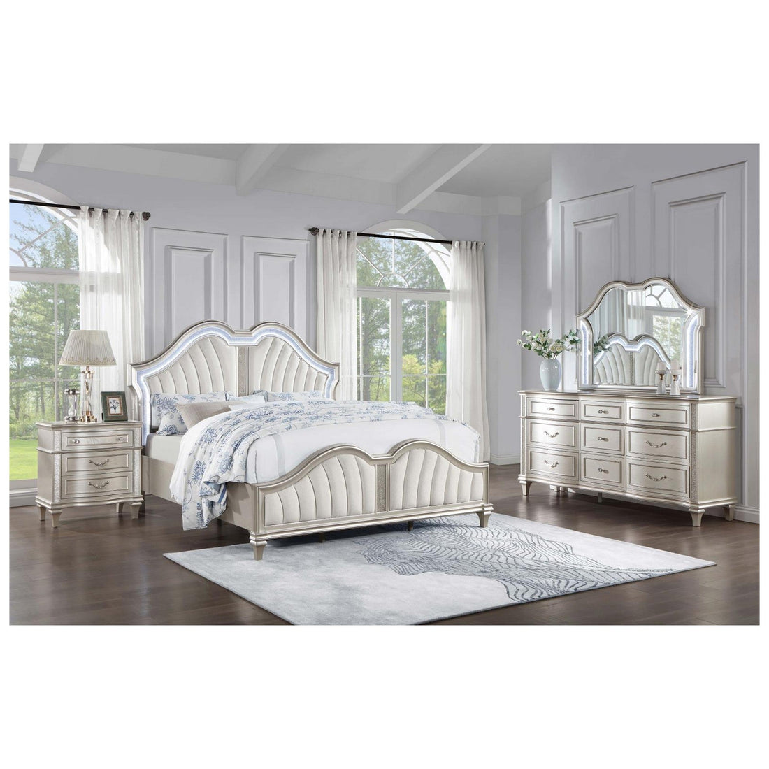 Evangeline 4-piece Upholstered Platform Eastern King Bedroom Set Ivory and Silver Oak 223391KE-S4