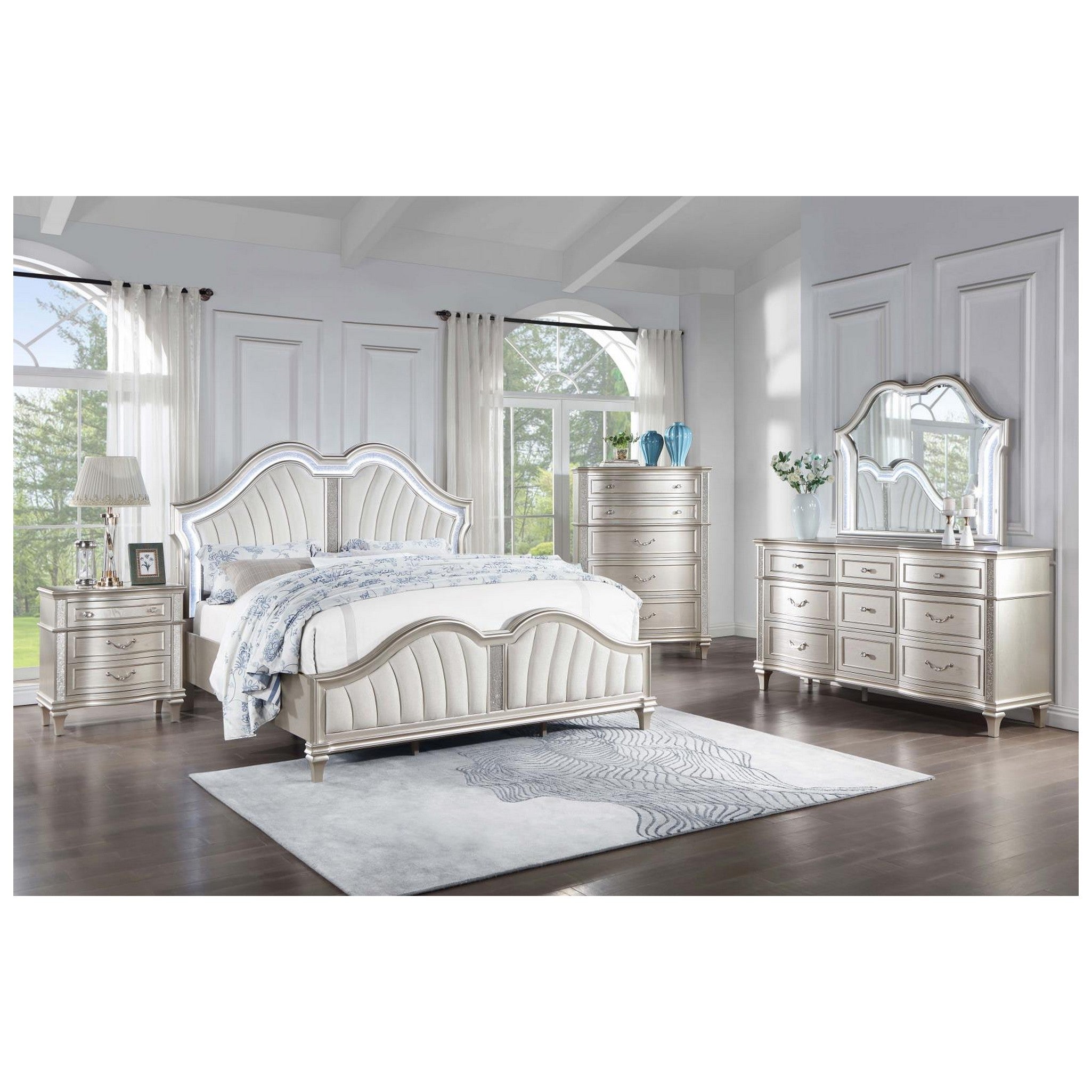 Evangeline 5-piece Upholstered Platform Eastern King Bedroom Set Ivory and Silver Oak 223391KE-S5