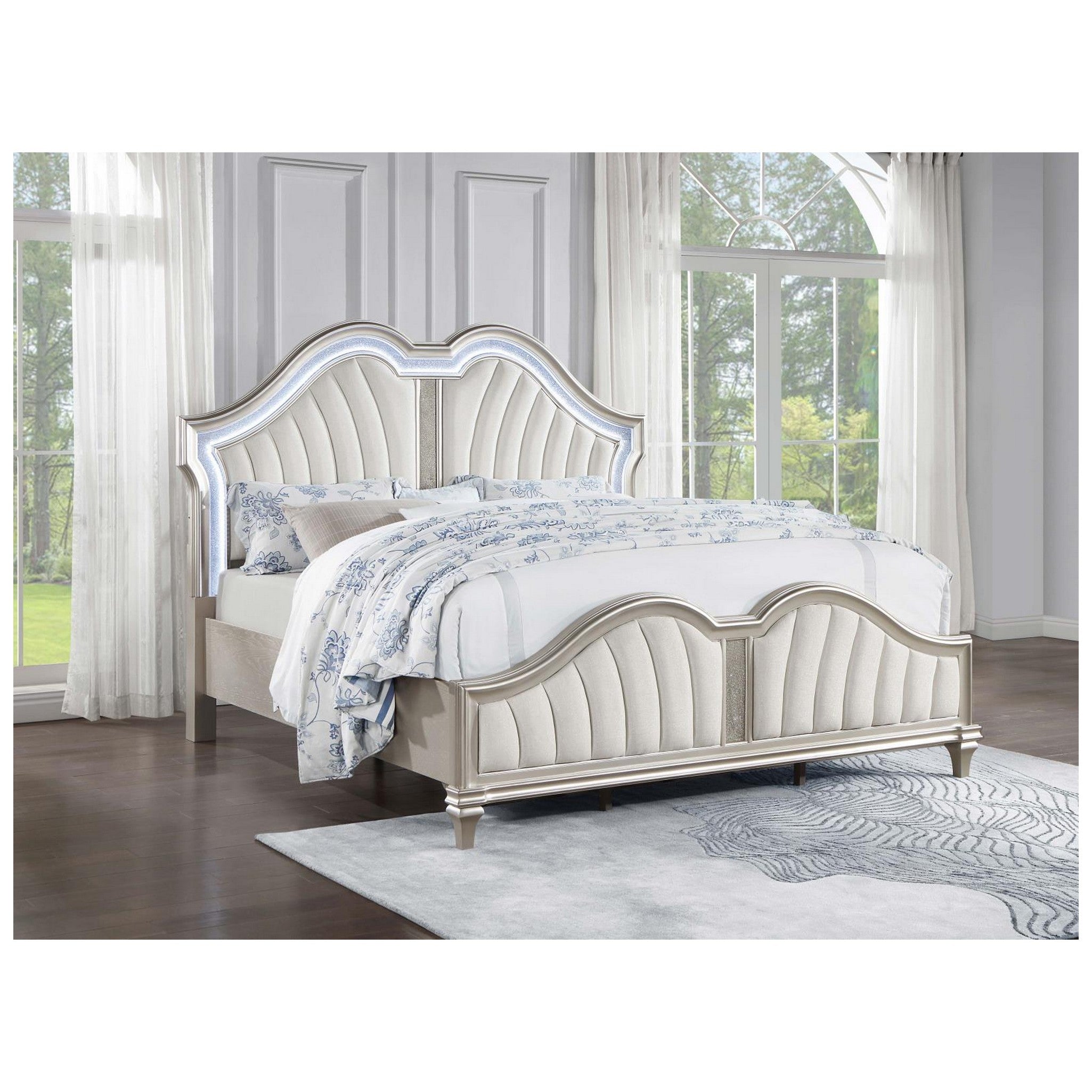 Evangeline Tufted Upholstered Platform Eastern King Bed Ivory and Silver Oak 223391KE