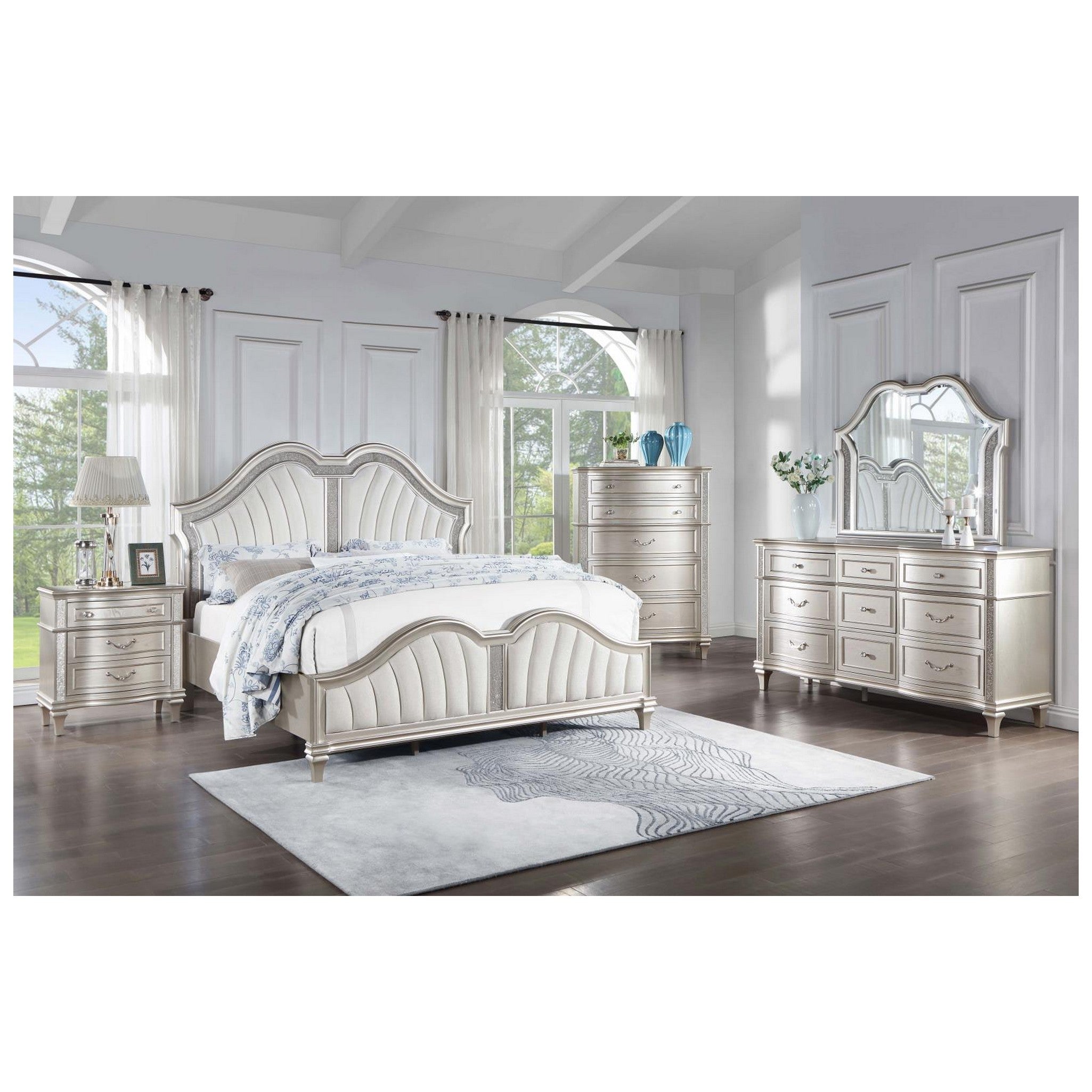 Evangeline Tufted Upholstered Platform Eastern King Bed Ivory and Silver Oak 223391KE