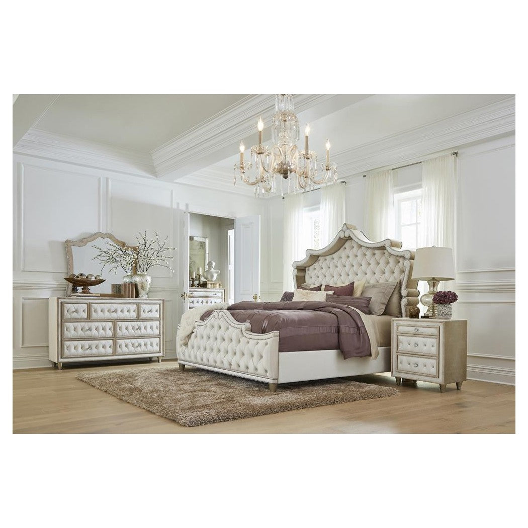 Antonella Upholstered Tufted Bedroom Set Ivory and Camel 223521KE-S5