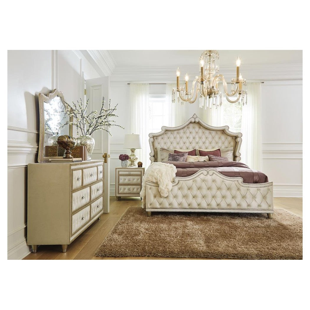 Antonella Upholstered Tufted Eastern King Bed Ivory and Camel 223521KE