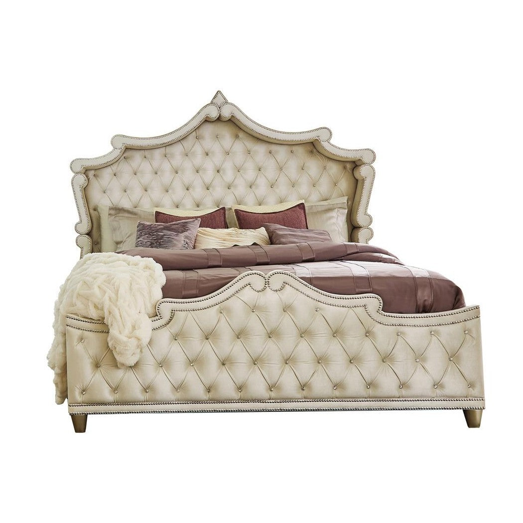 Antonella Upholstered Tufted Eastern King Bed Ivory and Camel 223521KE