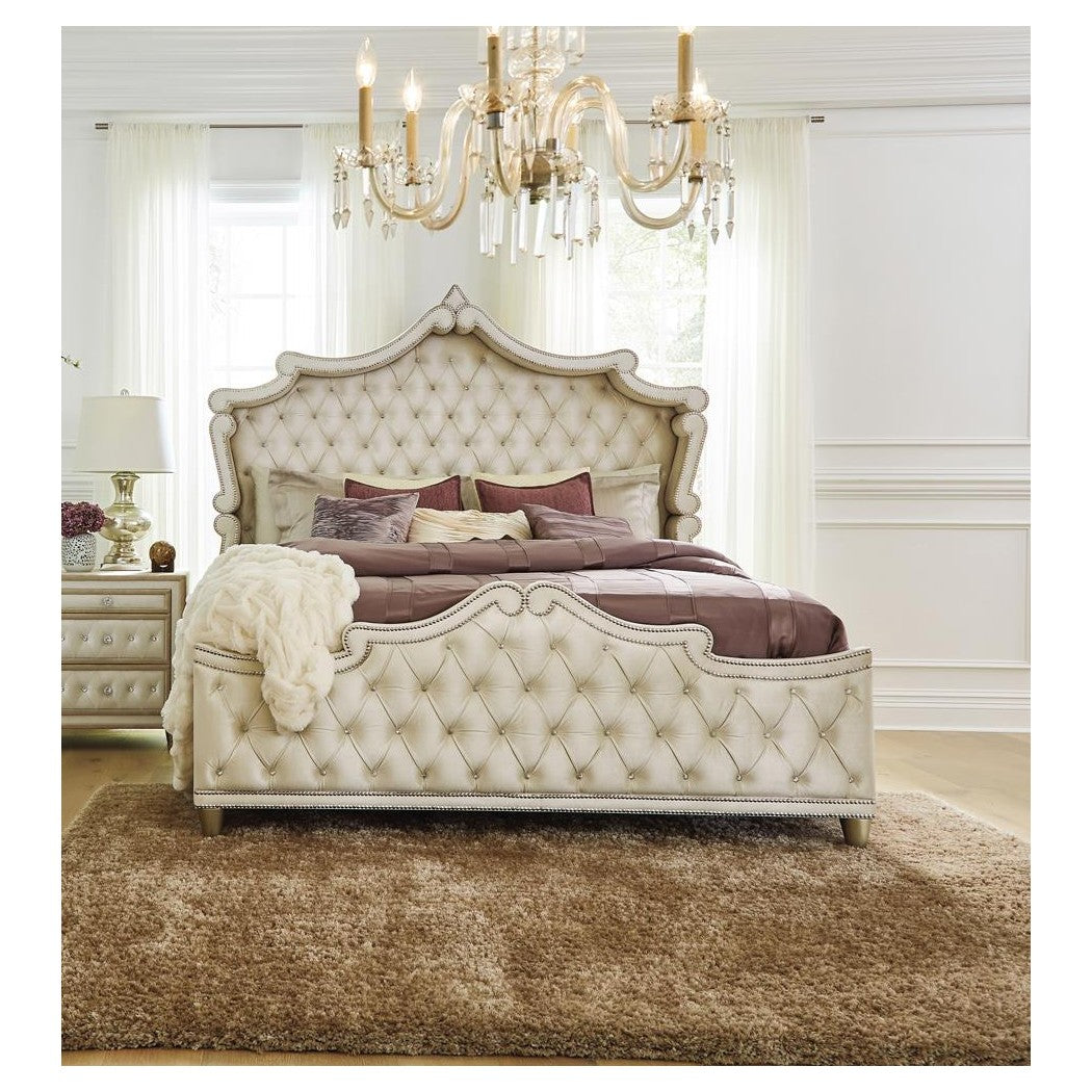 Antonella Upholstered Tufted Eastern King Bed Ivory and Camel 223521KE