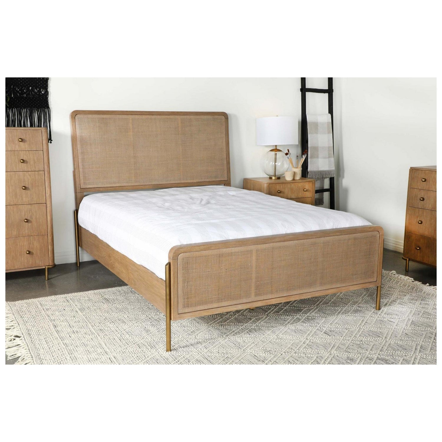 Arini Upholstered Eastern King Panel Bed Sand Wash and Natural Cane 224300KE