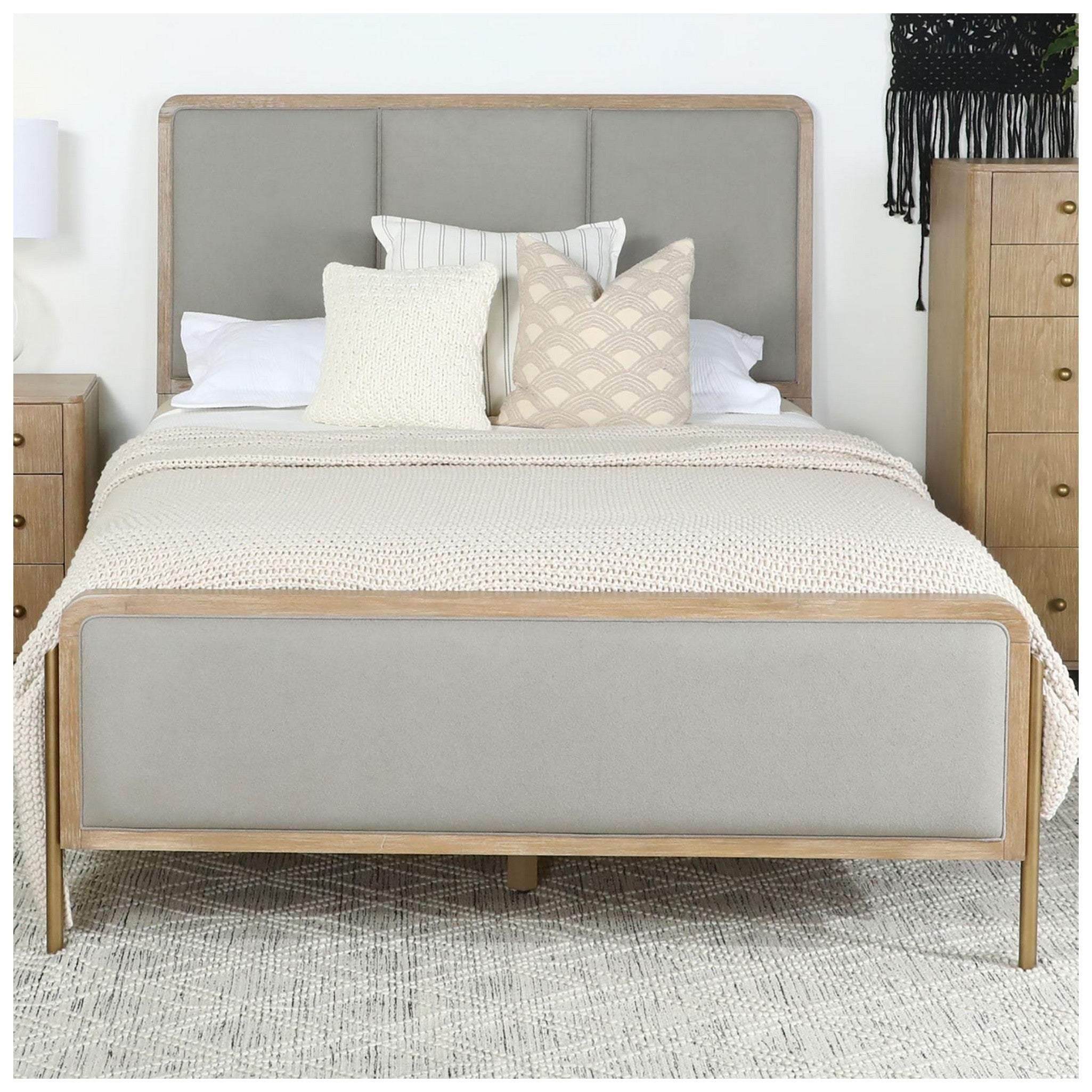 Arini Upholstered Eastern King Panel Bed Sand Wash and Grey 224301KE