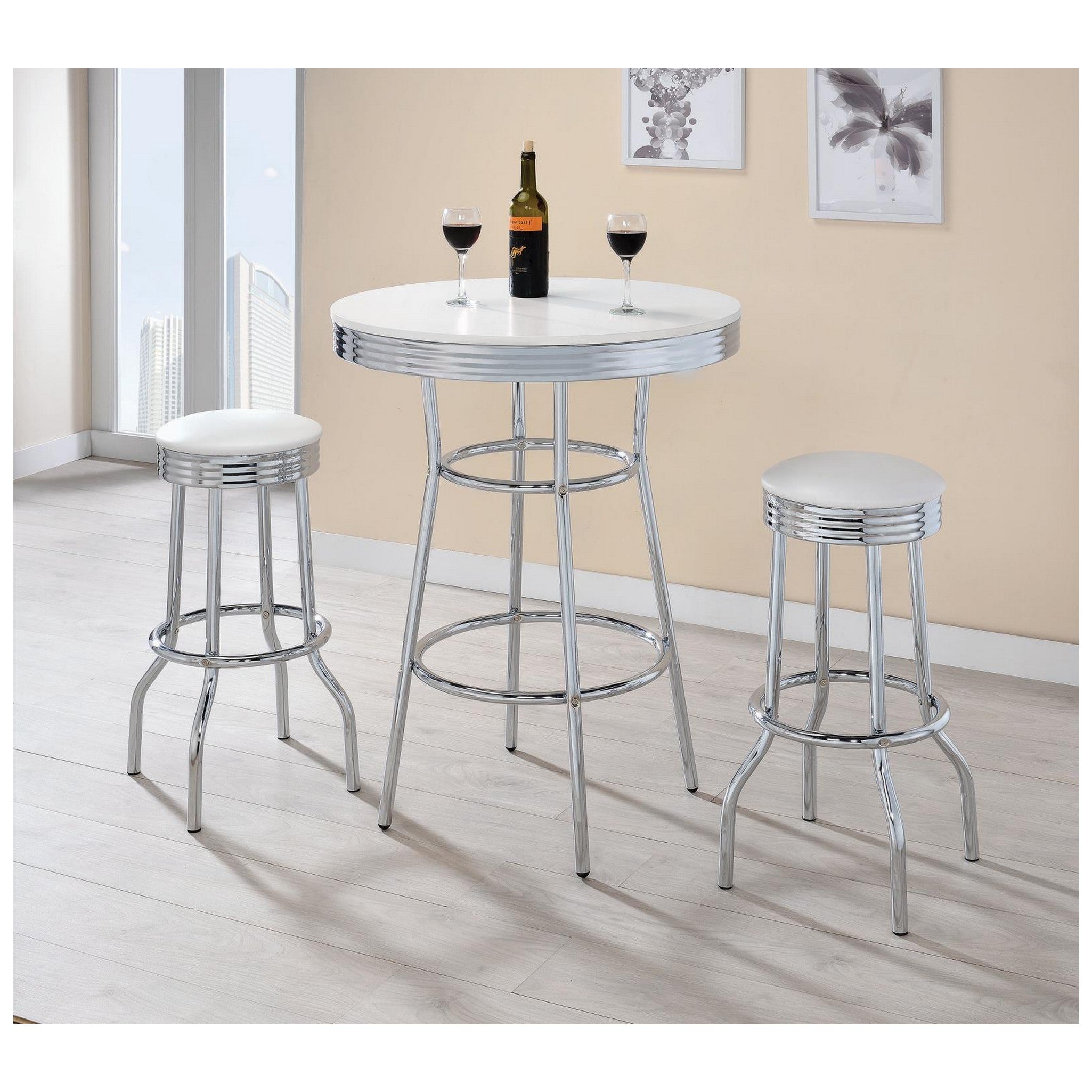 Theodore Round Bar Table Chrome and Glossy White 2300