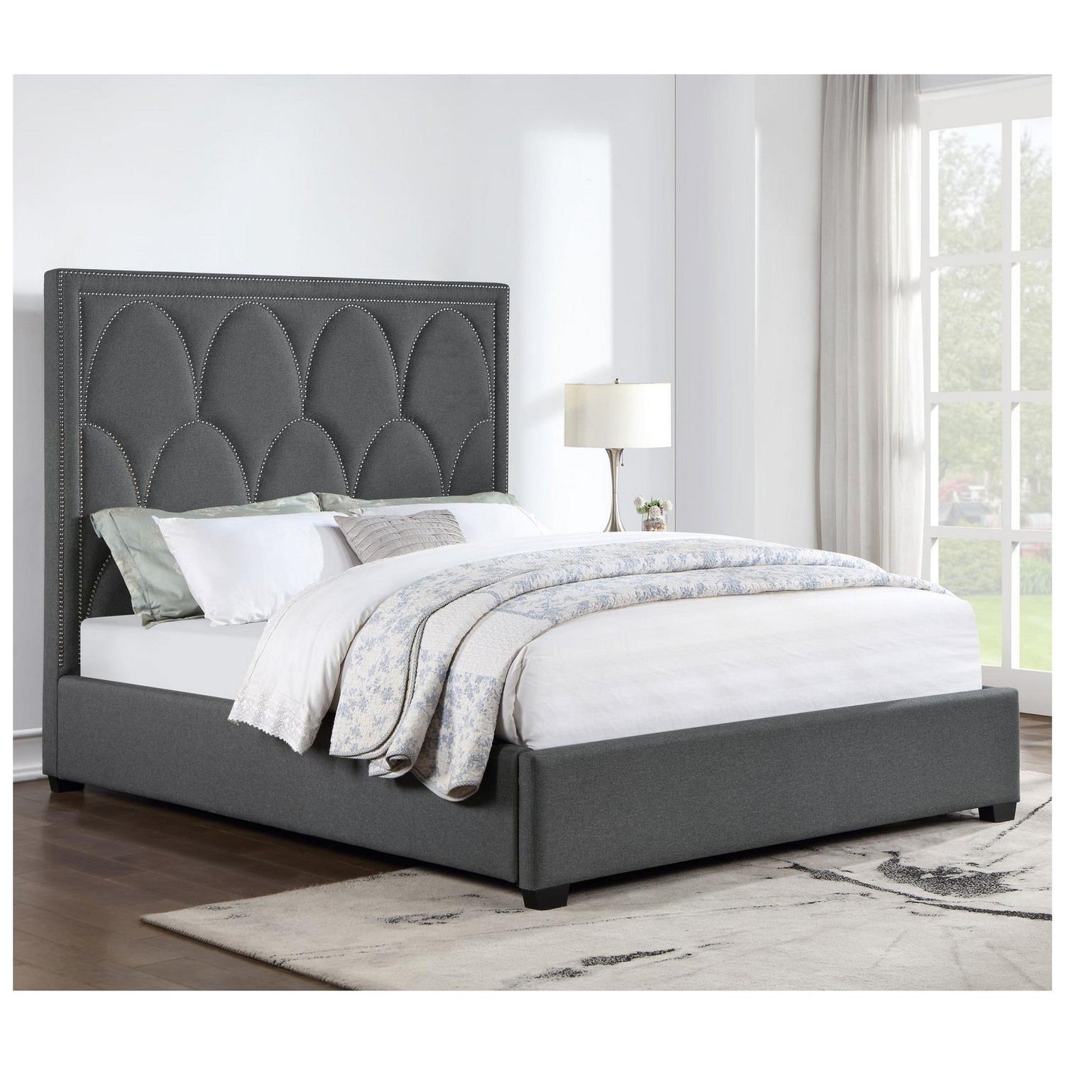 Bowfield Upholstered Bed with Nailhead Trim Charcoal 315900KE