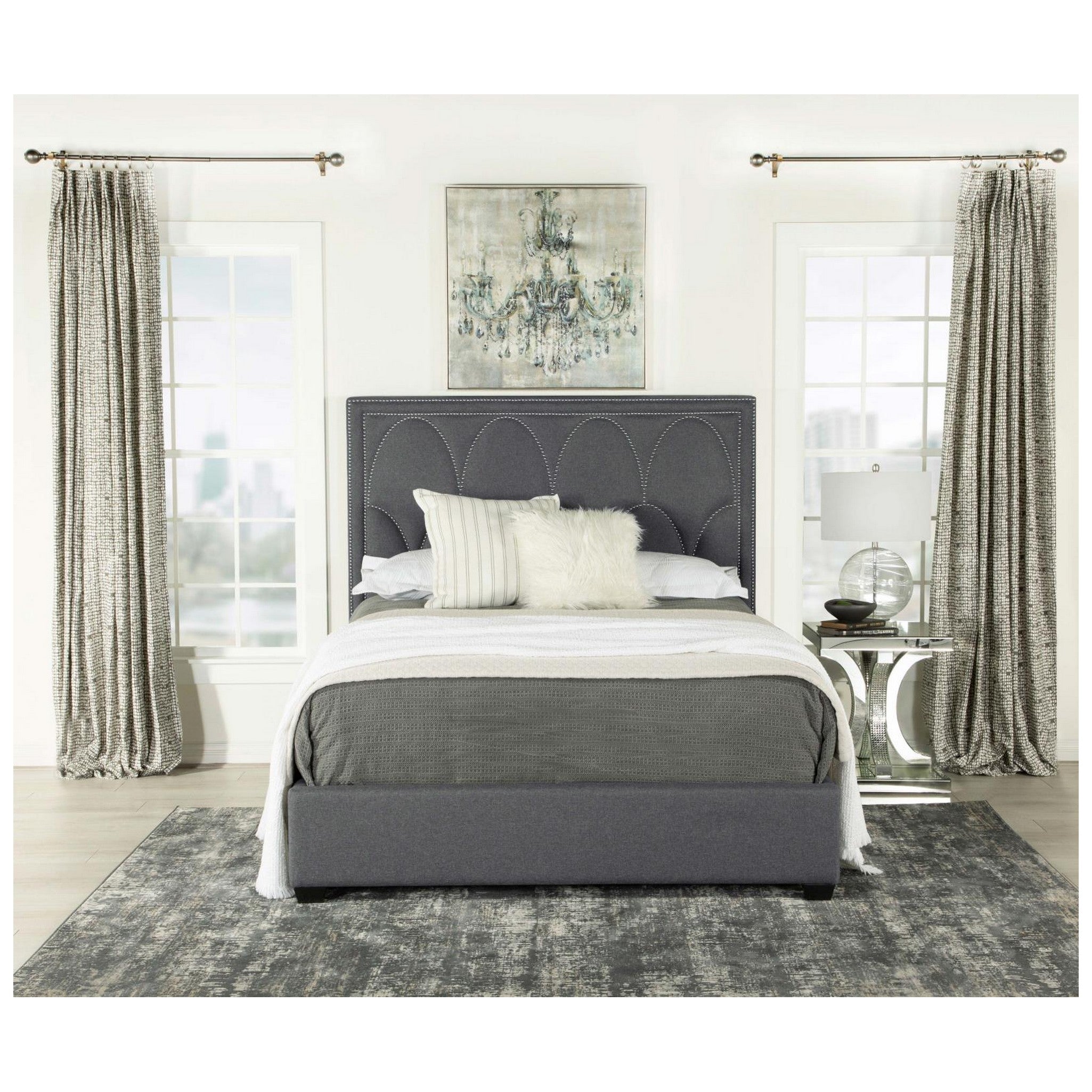 Bowfield Upholstered Bed with Nailhead Trim Charcoal 315900KE