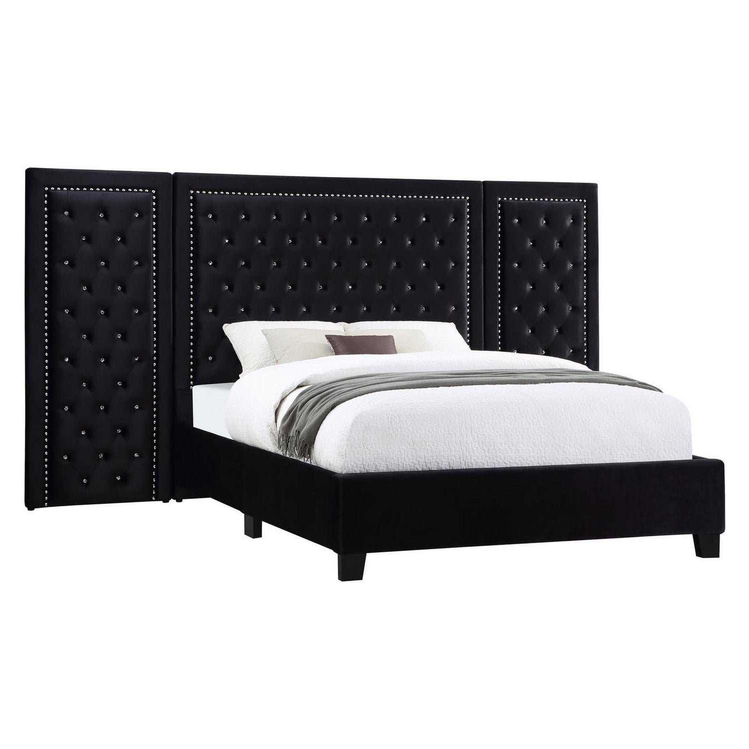 Hailey Upholstered Platform Eastern King Bed with Wall Panel Black 315925KE-SP