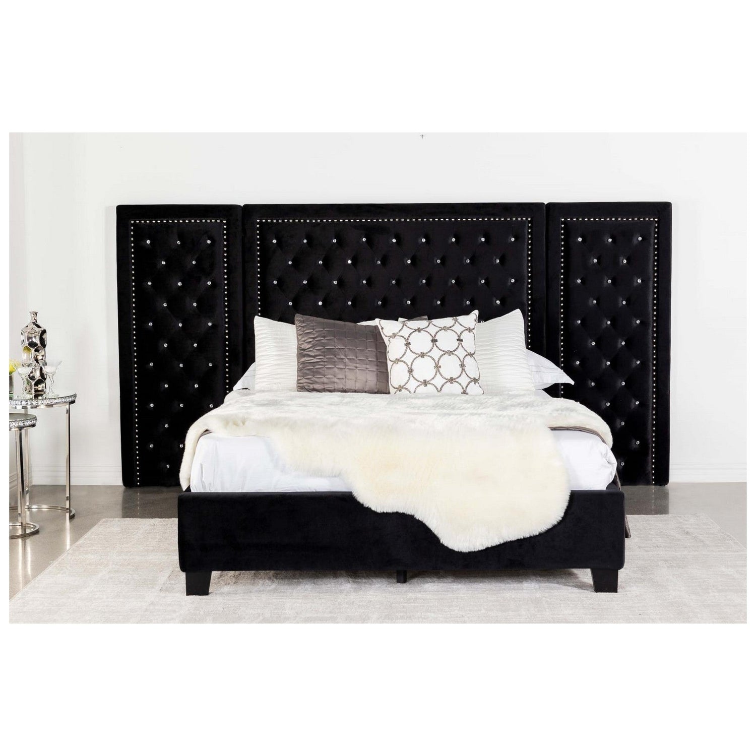 Hailey Upholstered Platform California King Bed with Wall Panel Black 315925KW-SP