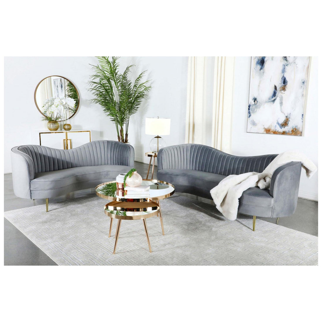 Sophia 2-piece Upholstered Living Room Set with Camel Back Grey and Gold 506864-S2