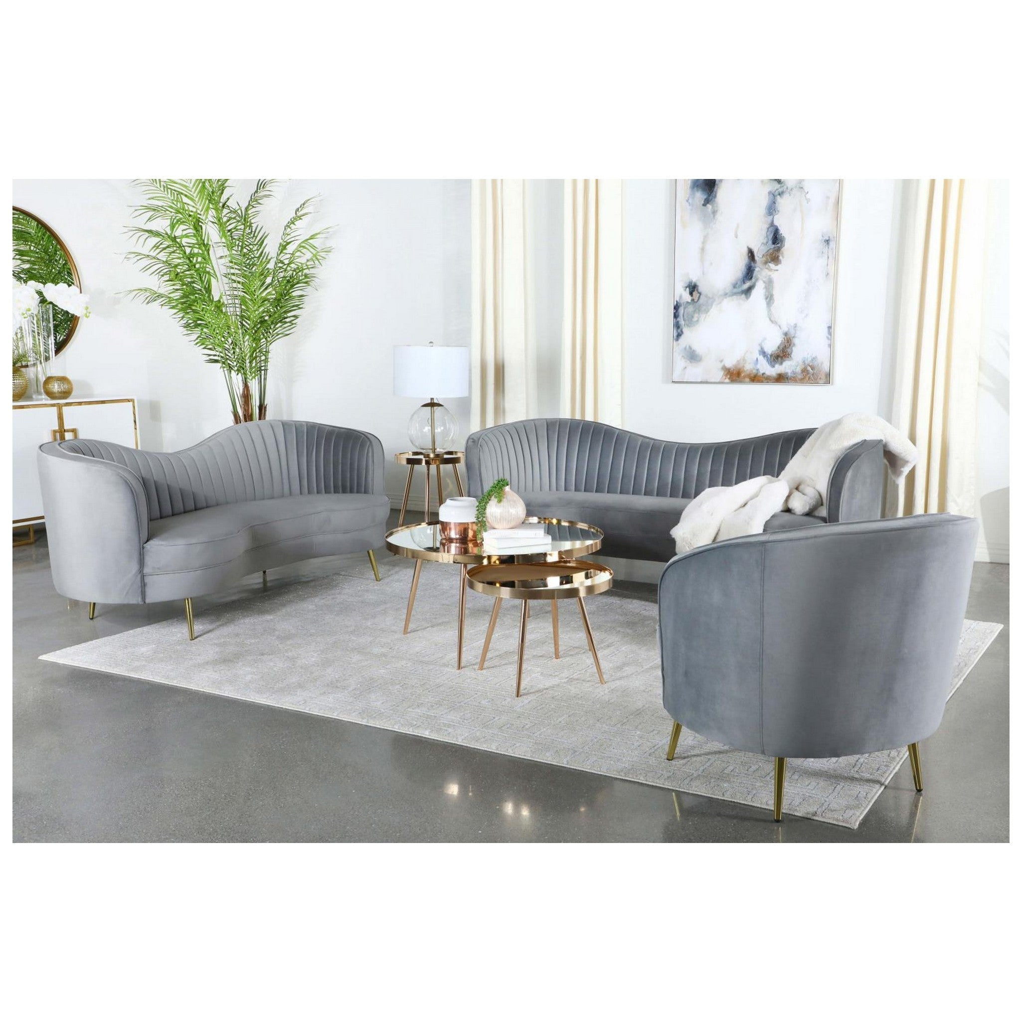 Sophia 3-piece Upholstered Living Room Set with Camel Back Grey and Gold 506864-S3