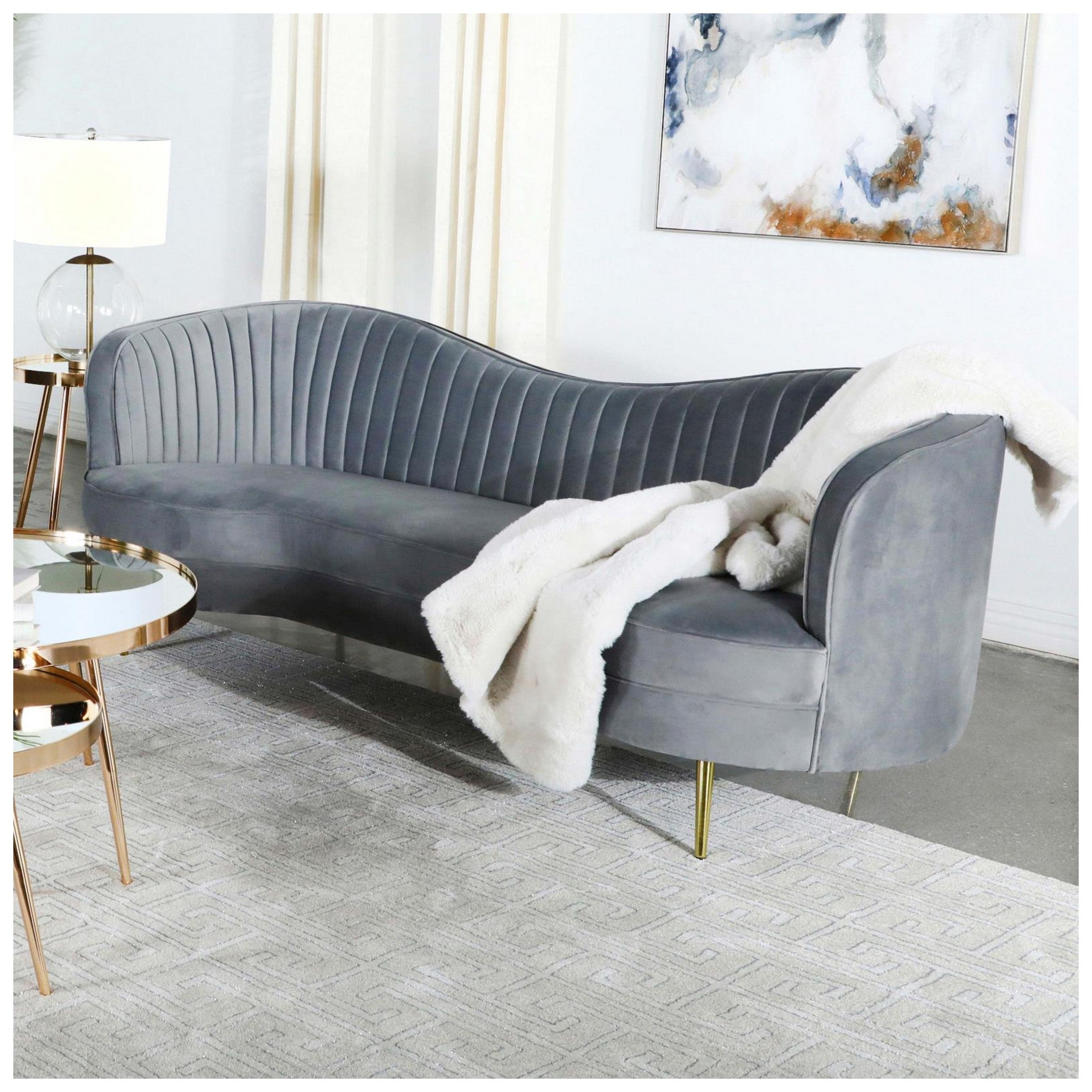 Sophia Upholstered Sofa with Camel Back Grey and Gold 506864