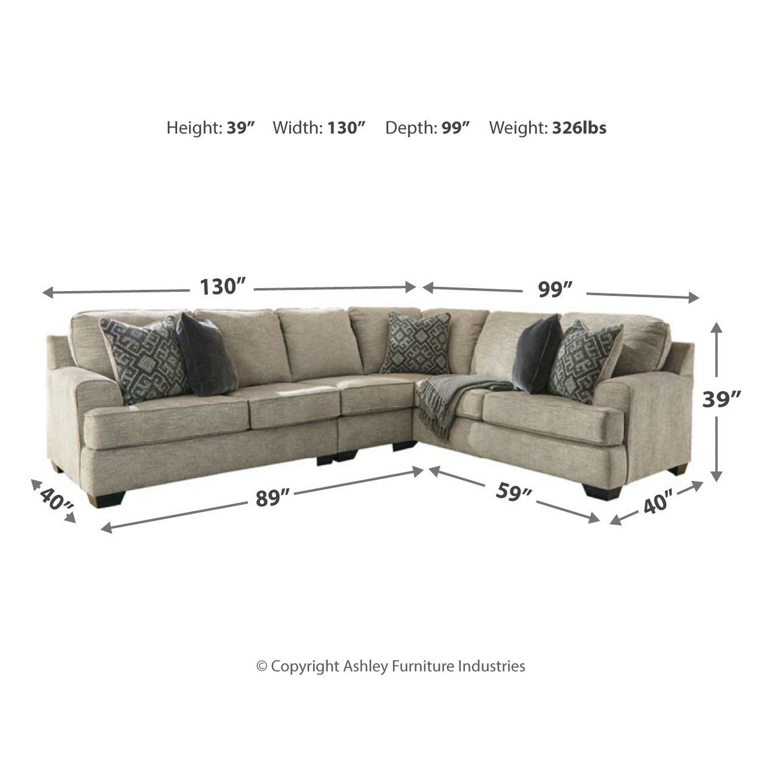 Bovarian 3-Piece Sectional with Ottoman Ash-56103U2