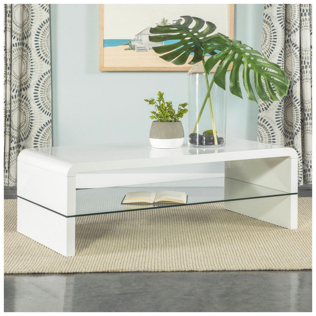 Airell Rectangular Coffee Table with Glass Shelf White High Gloss 703798