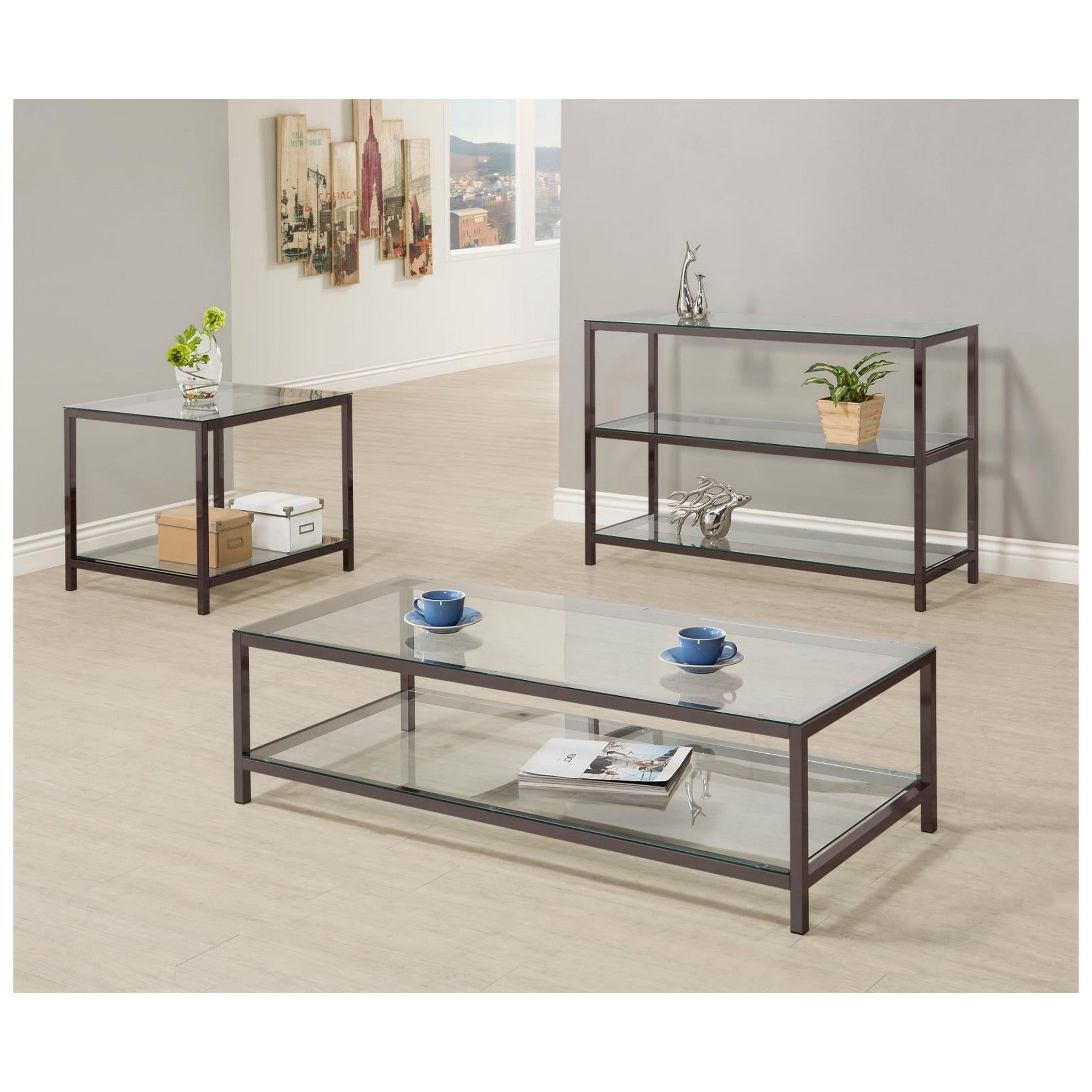 Trini End Table with Glass Shelf Black Nickel 720227