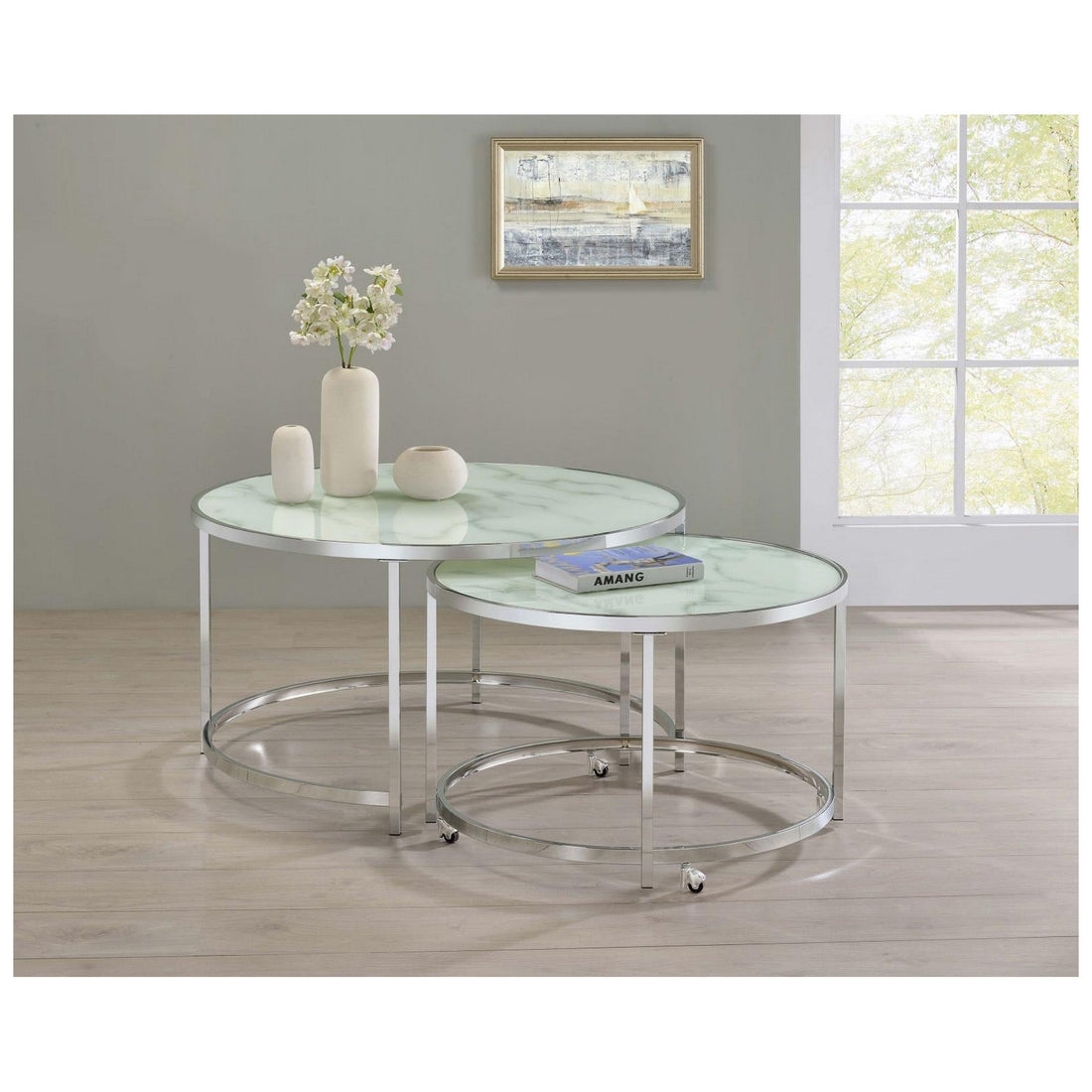 Lynn 2-piece Round Nesting Table White and Chrome 721528