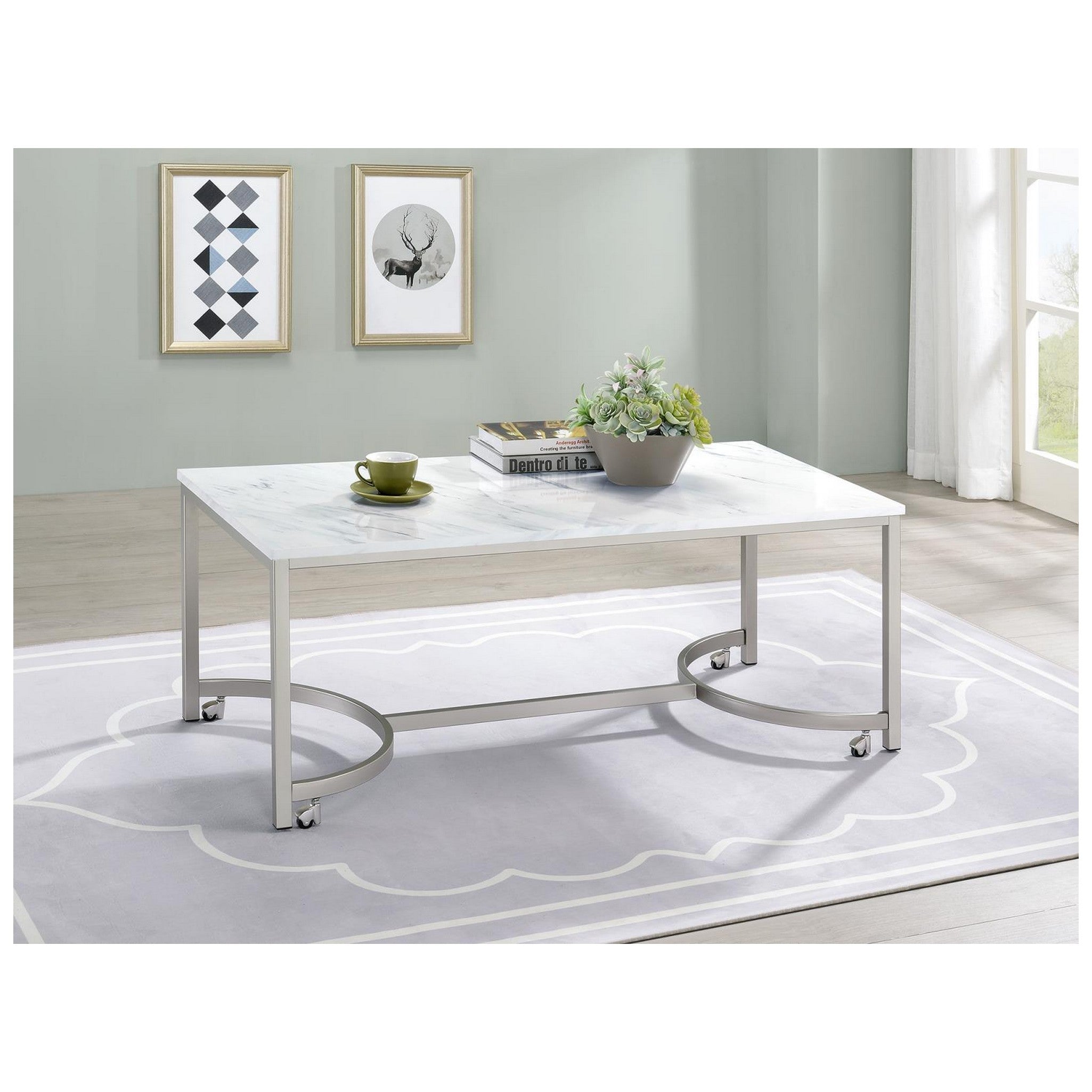 Leona Coffee Table with Casters White and Satin Nickel 721868