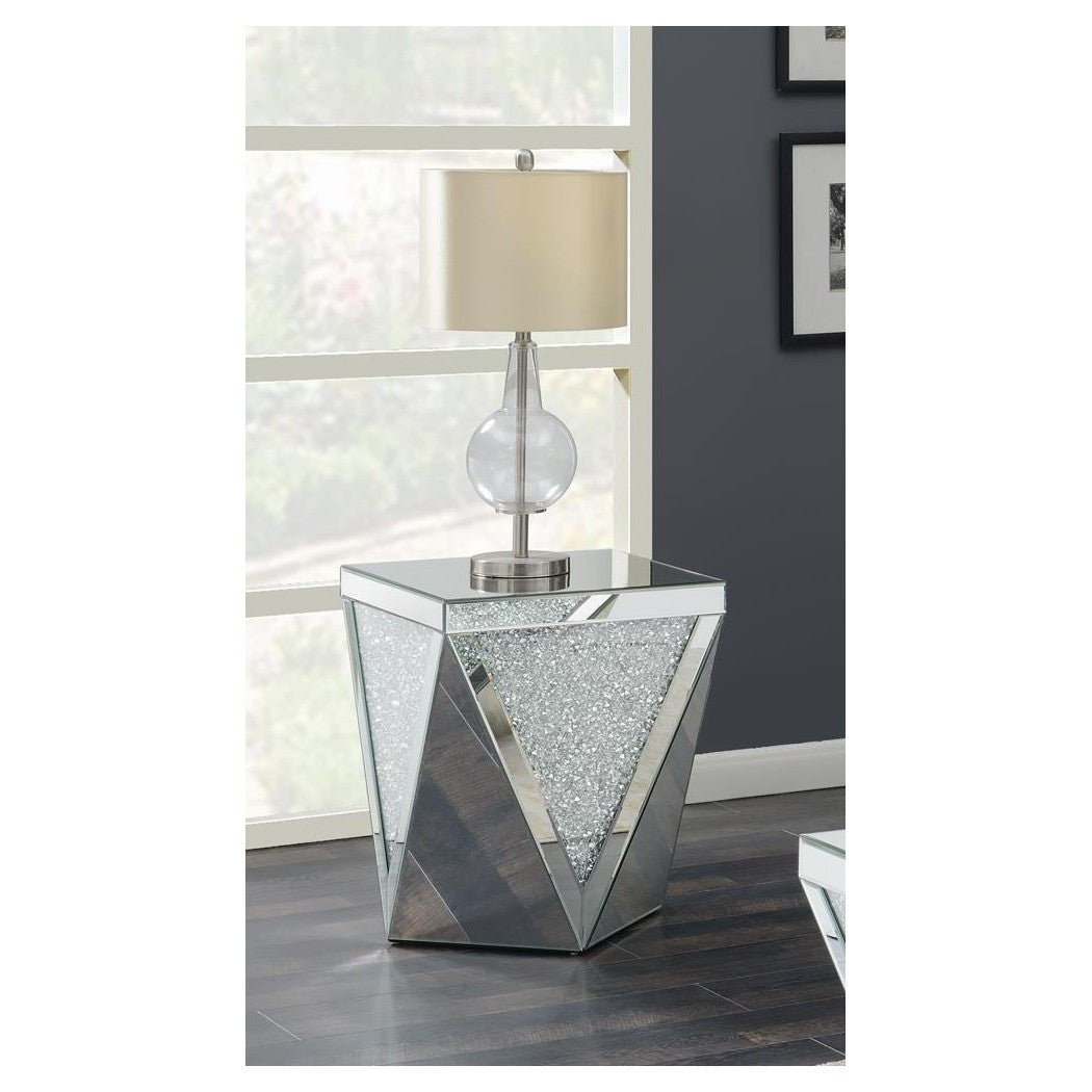 Gunilla Square End Table with Triangle Detailing Silver and Clear Mirror 722507