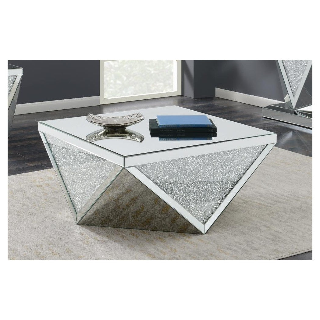 Gunilla Square Coffee Table with Triangle Detailing Silver and Clear Mirror 722508