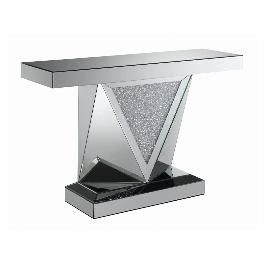 Gunilla Rectangular Sofa Table with Triangle Detailing Silver and Clear Mirror 722509