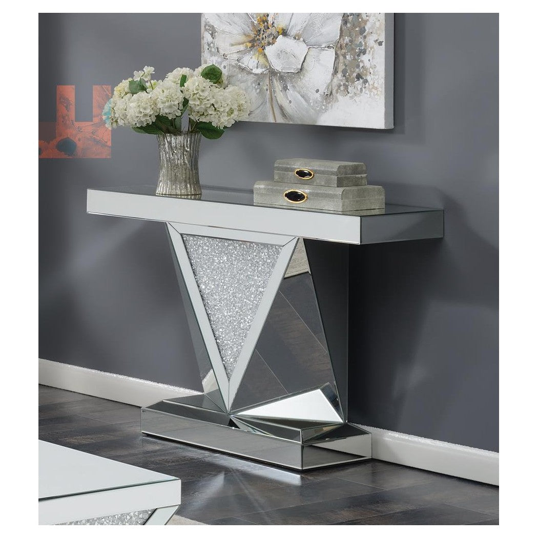 Gunilla Rectangular Sofa Table with Triangle Detailing Silver and Clear Mirror 722509