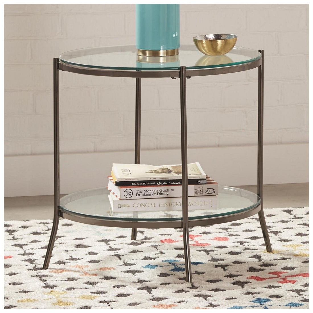 Laurie Round Glass Top End Table Black Nickel and Clear 723267