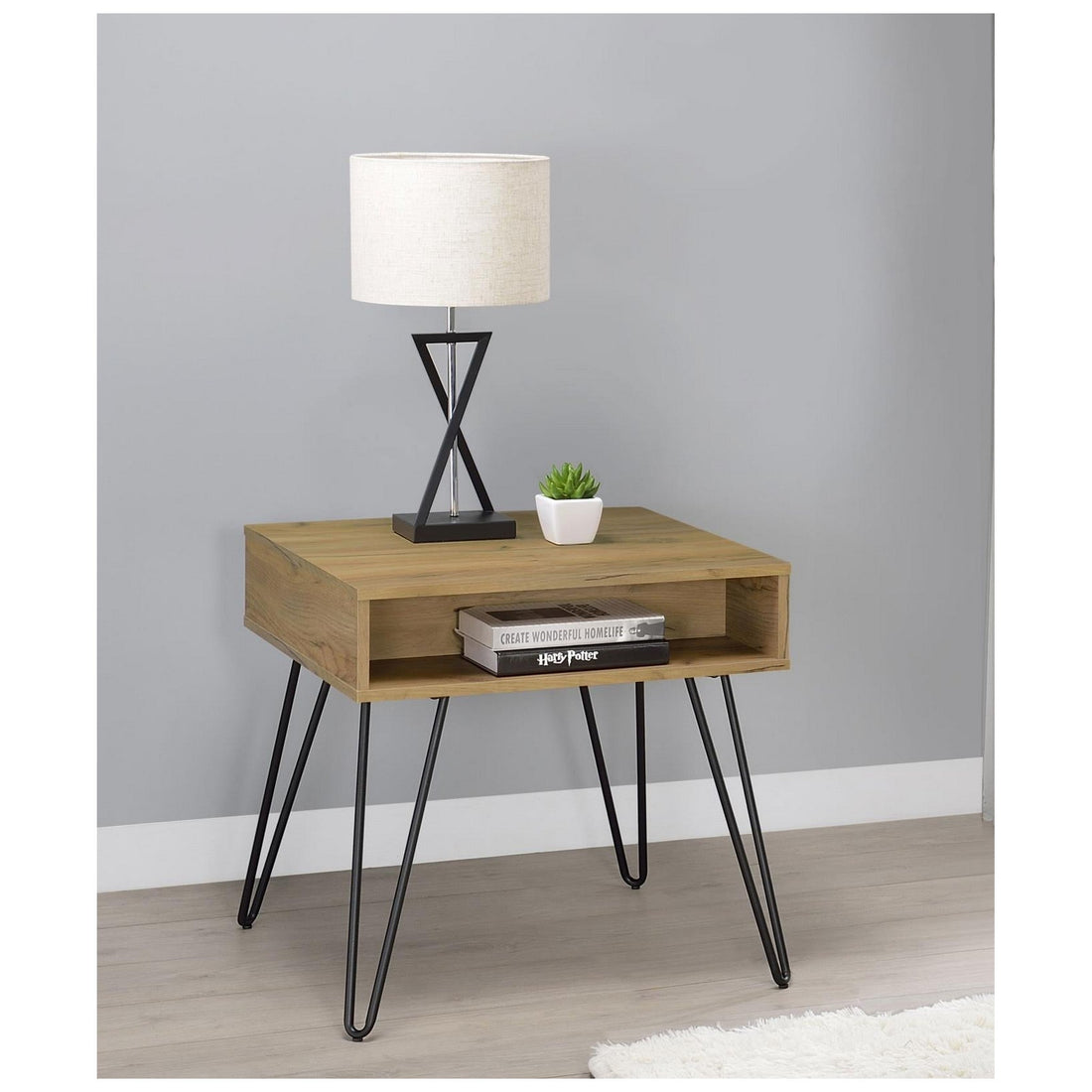 Fanning Square End Table with Open Compartment Golden Oak and Black 723367