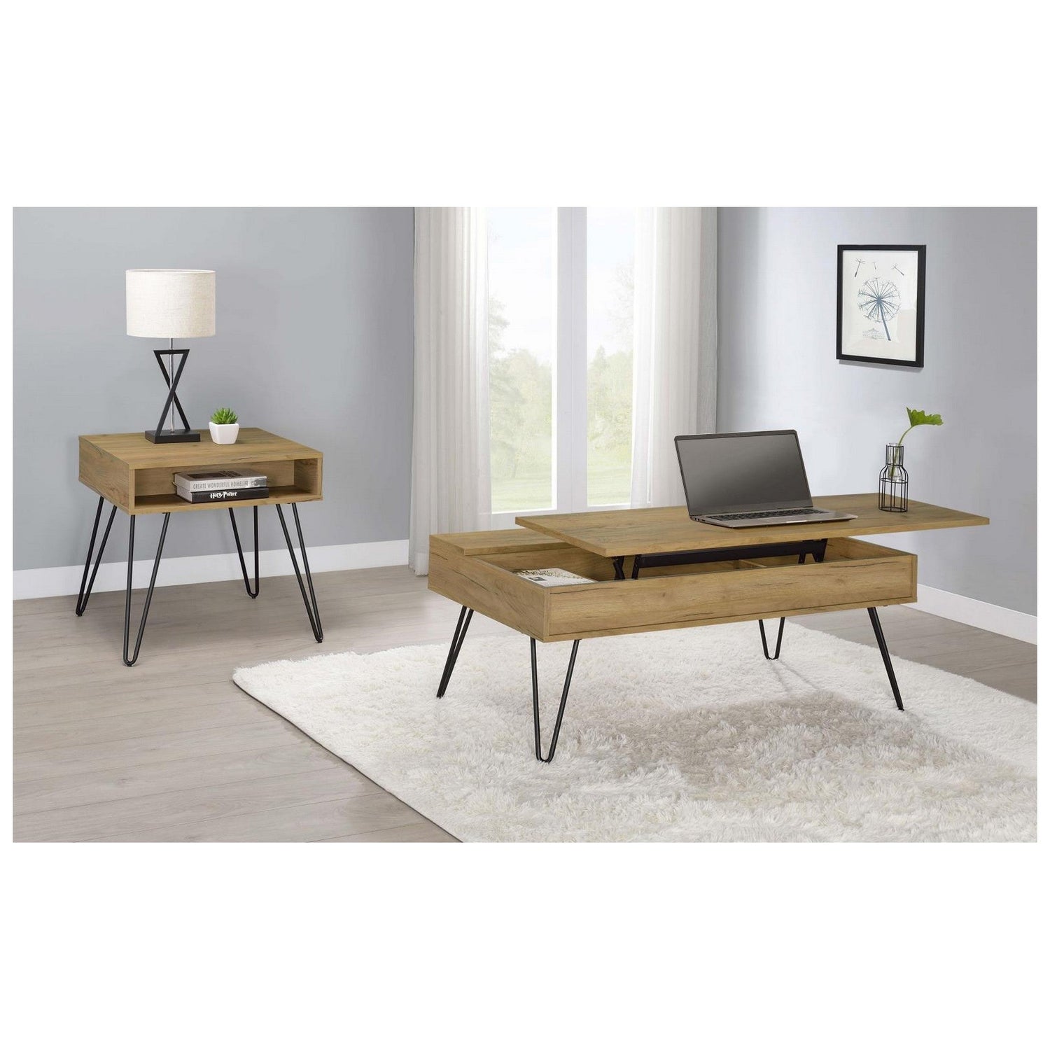 Fanning Square End Table with Open Compartment Golden Oak and Black 723367