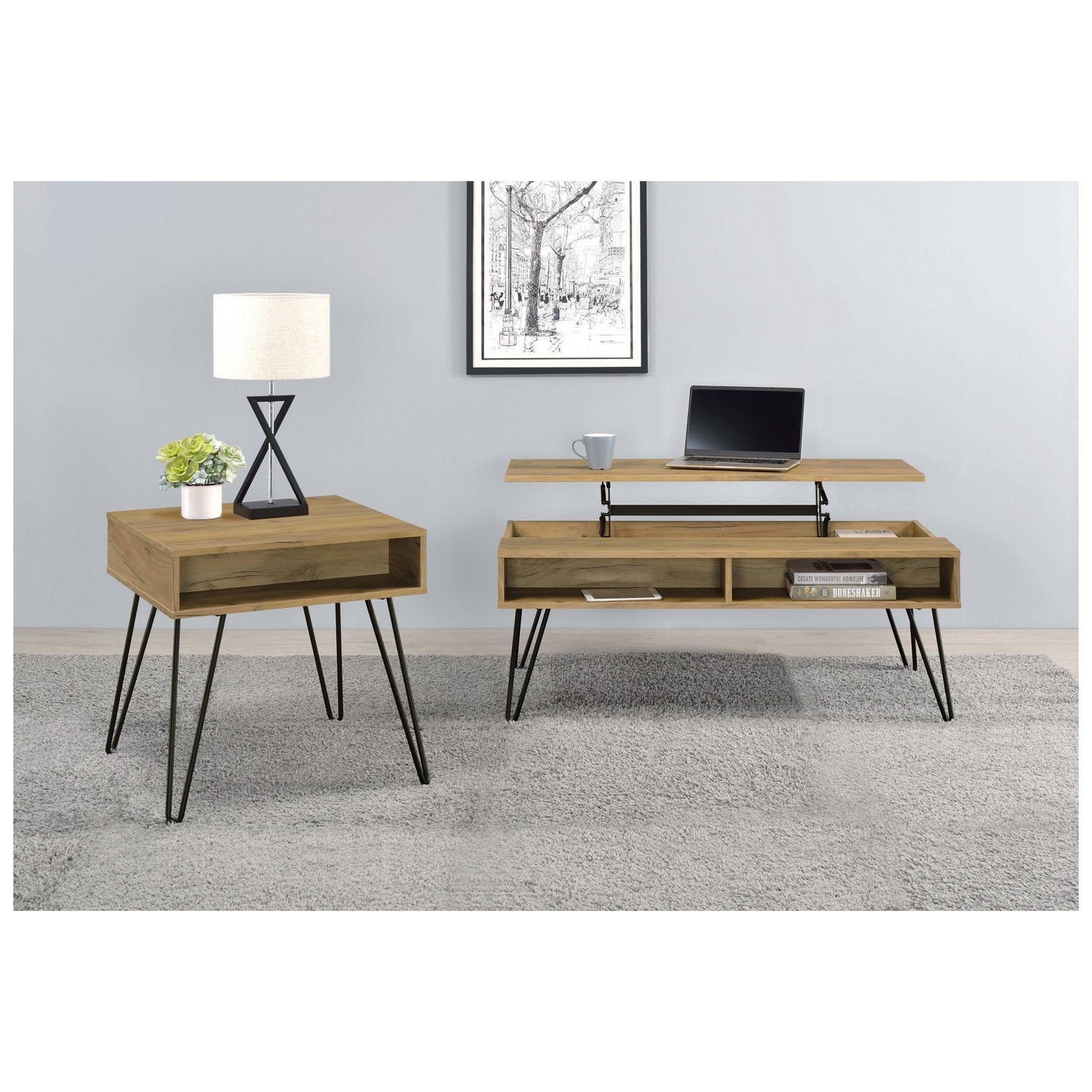 Fanning Lift Top Storage Coffee Table Golden Oak and Black 723368