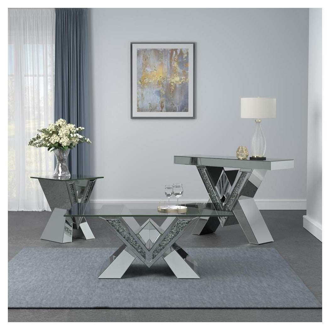 Taffeta V-shaped End Table with Glass Top Silver 723447