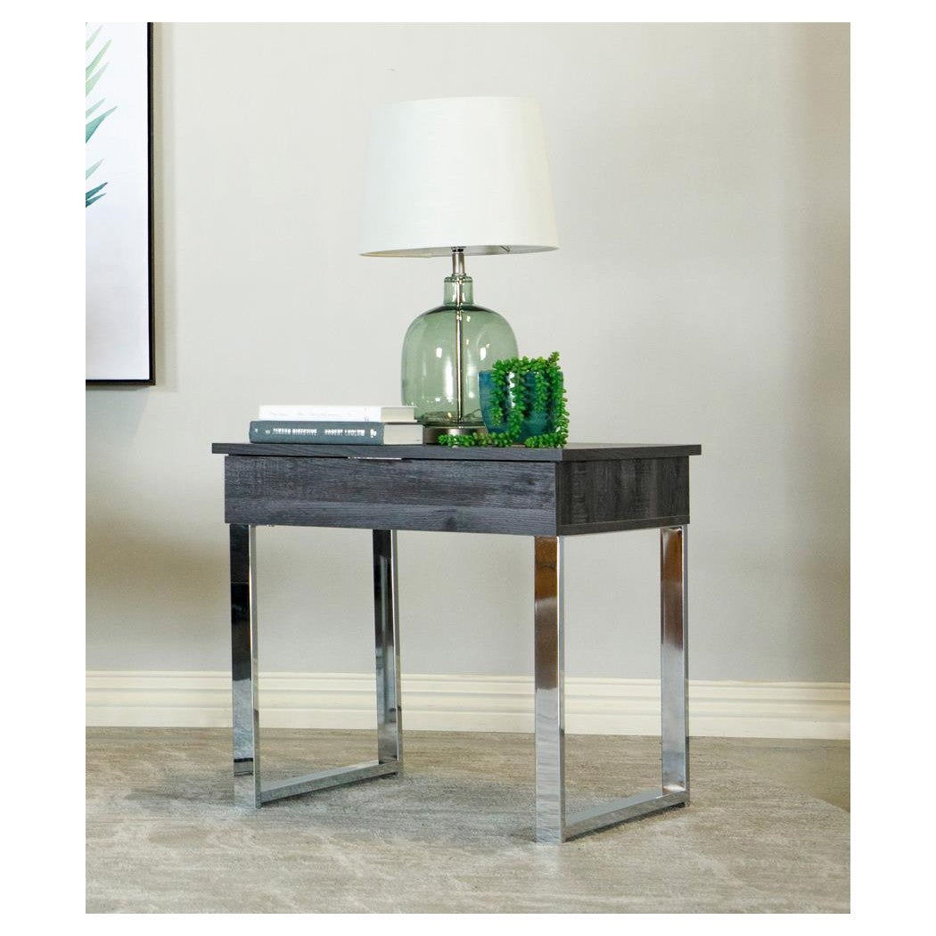 Baines Square 1-drawer End Table Dark Charcoal and Chrome 723457