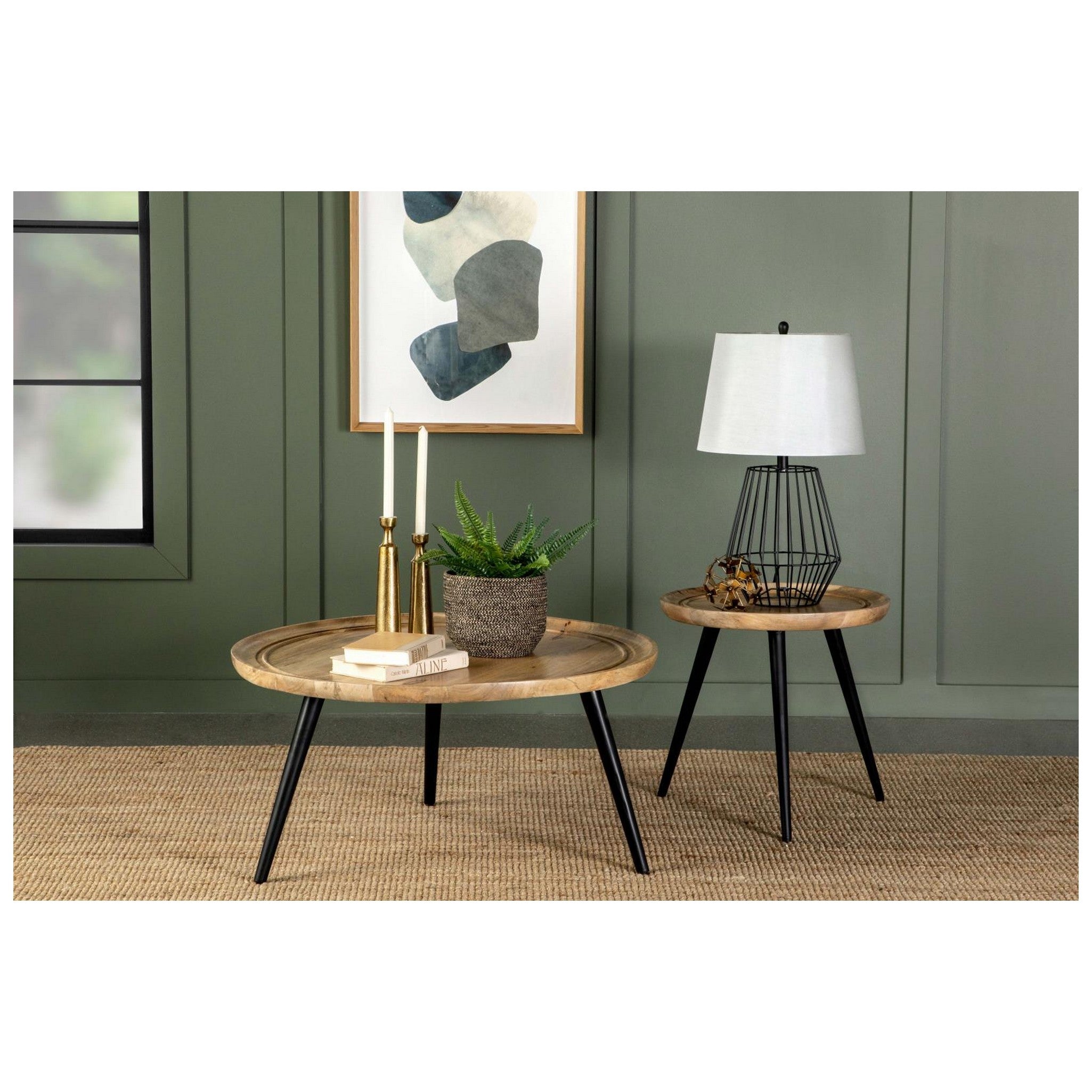 Zoe Round End Table with Trio Legs Natural and Black 736107