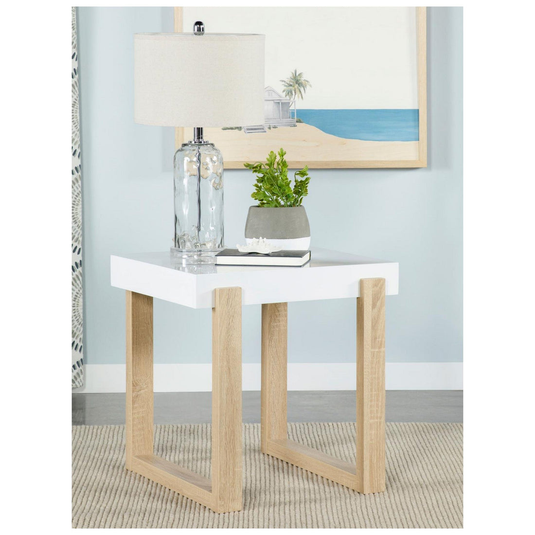Pala Rectangular End Table with Sled Base White High Gloss and Natural 753397