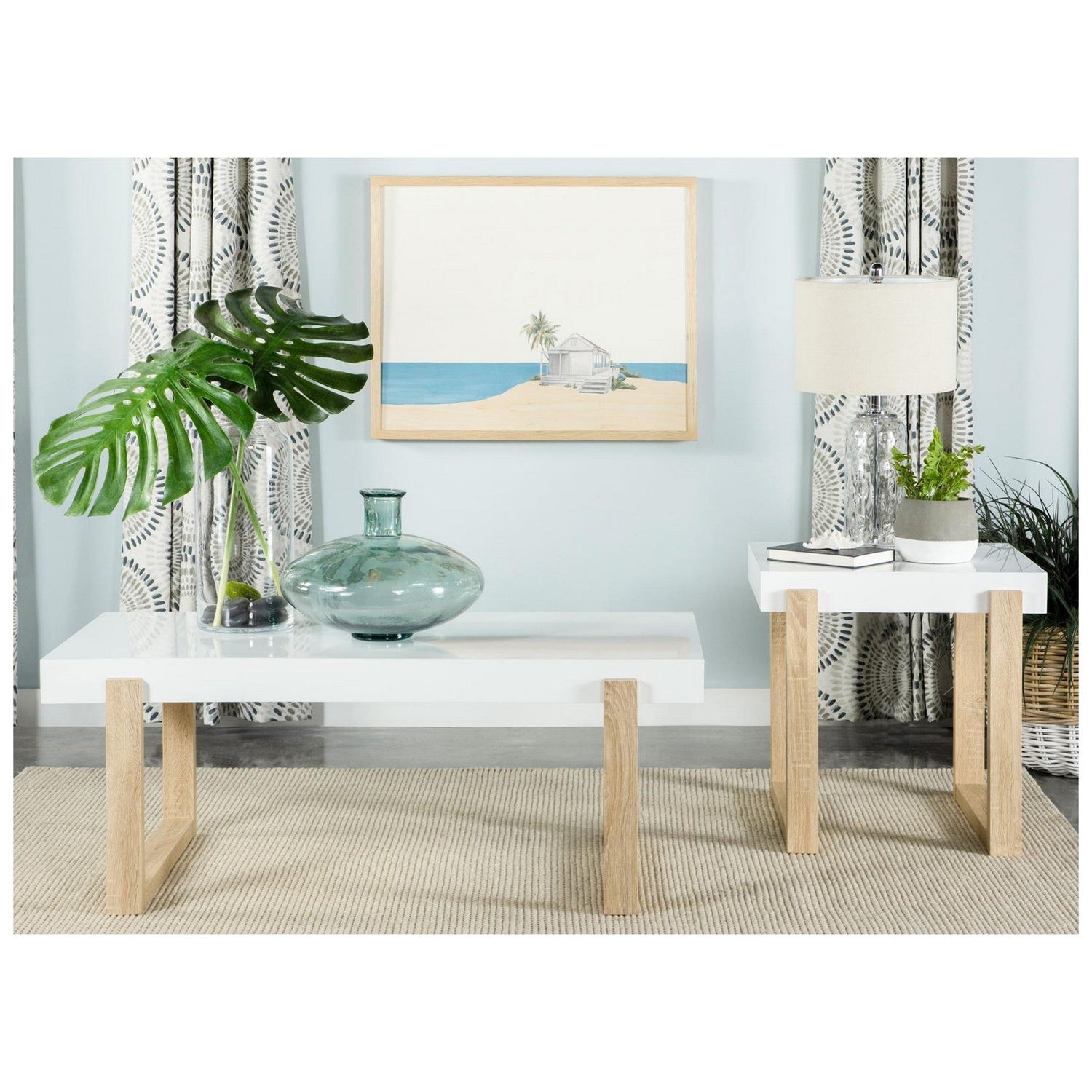 Pala Rectangular End Table with Sled Base White High Gloss and Natural 753397