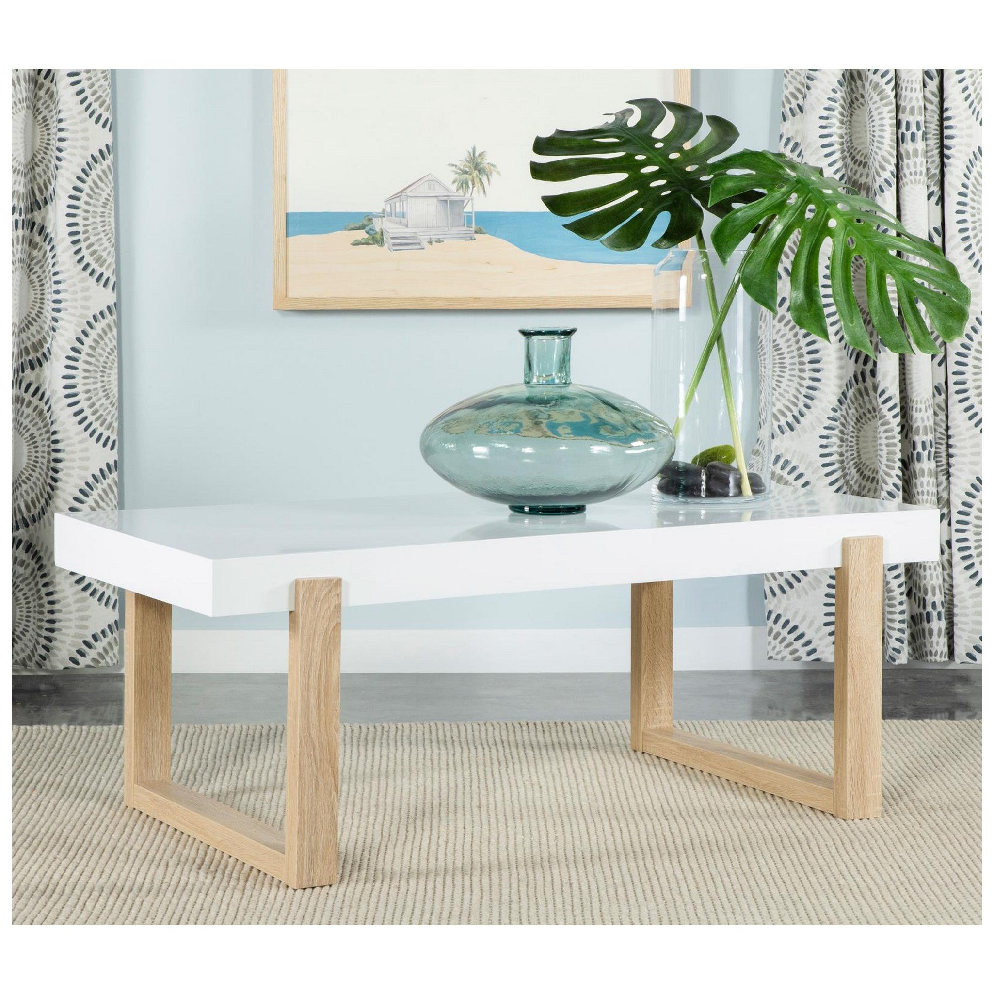 Pala Rectangular Coffee Table with Sled Base White High Gloss and Natural 753398