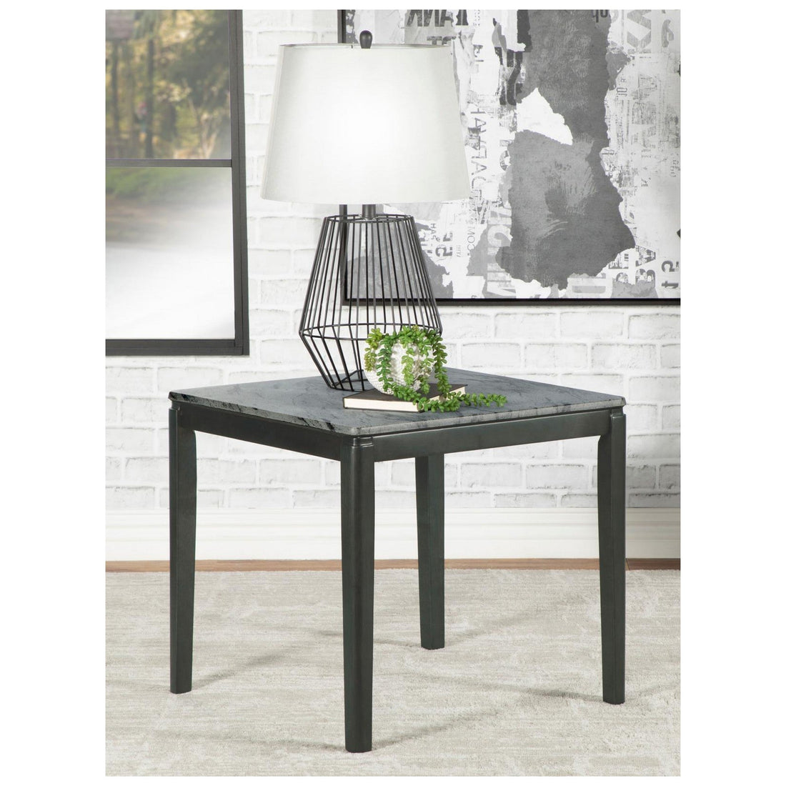 Square End Table Faux Grey Marble and Black 753517