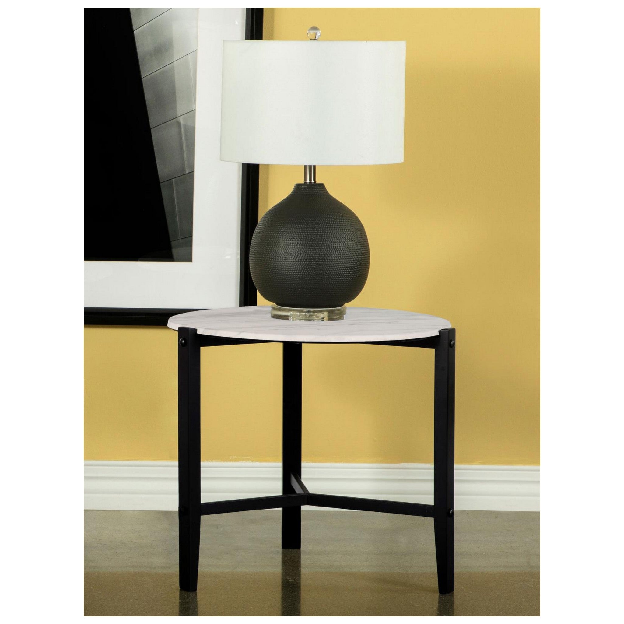 Tandi Round End Table Faux White Marble and Black 753537