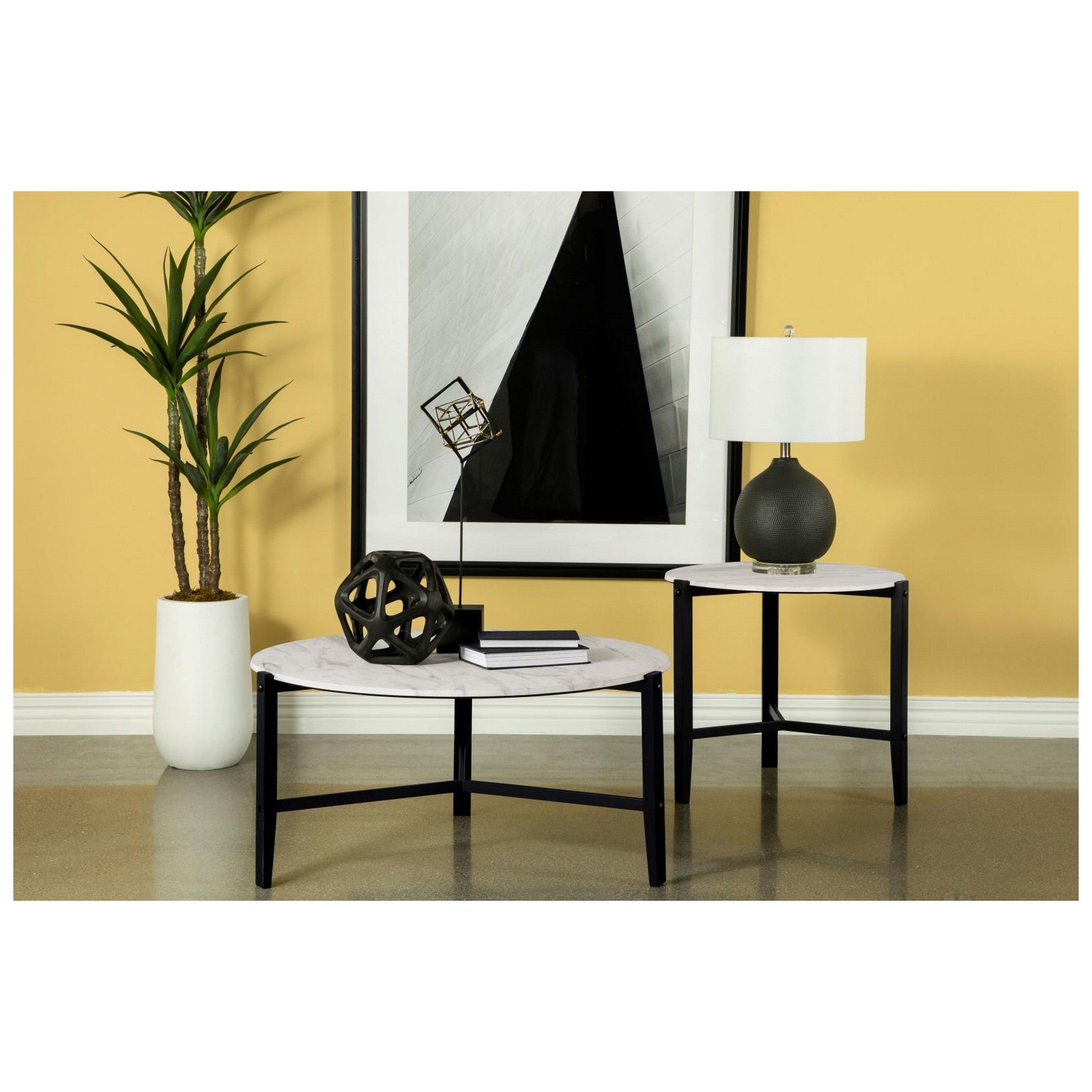 Tandi Round End Table Faux White Marble and Black 753537