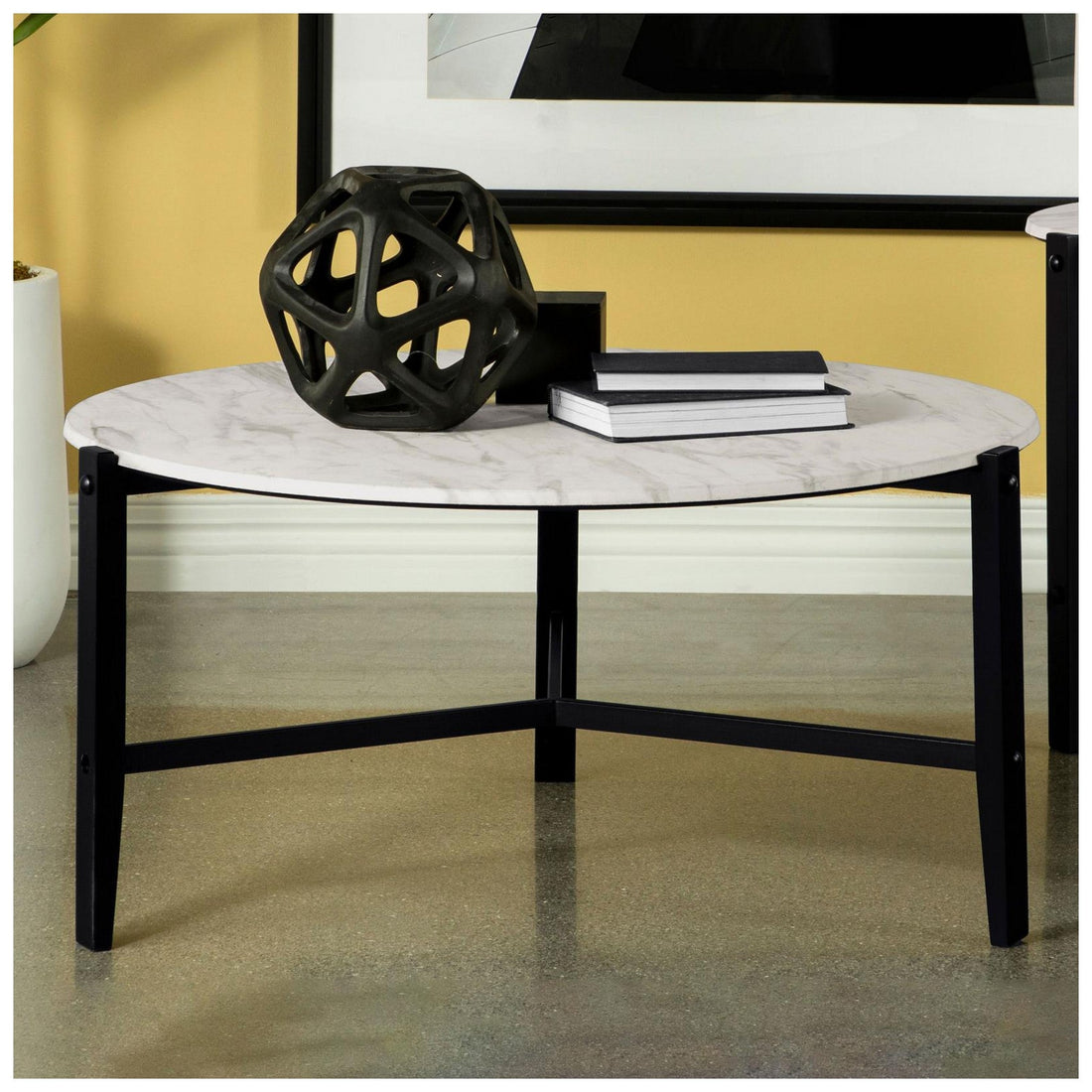 Tandi Round Coffee Table Faux White Marble and Black 753538